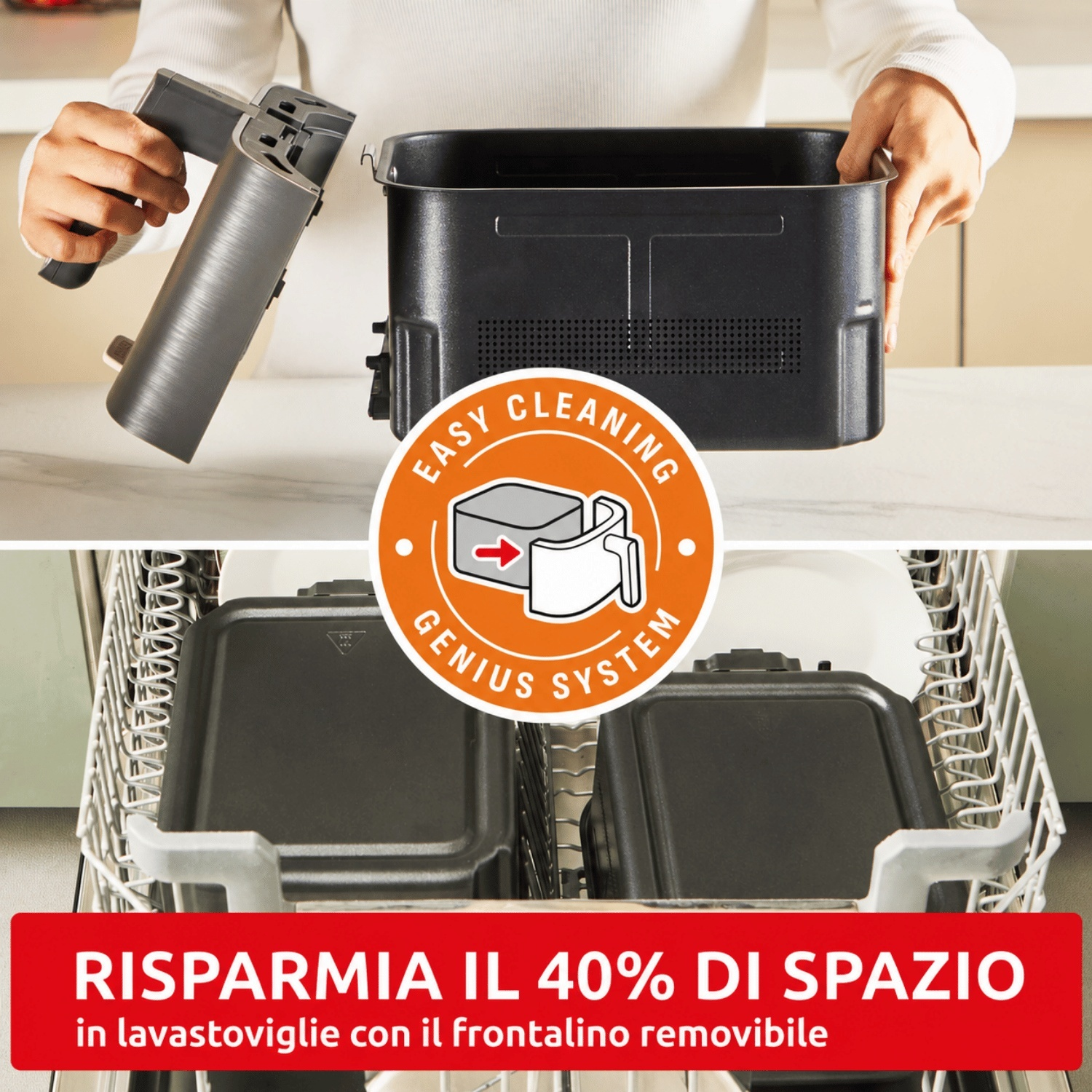 Una persona tiene un dispositivo vicino a un contenitore nero. Sotto, padelle in una lavastoviglie.