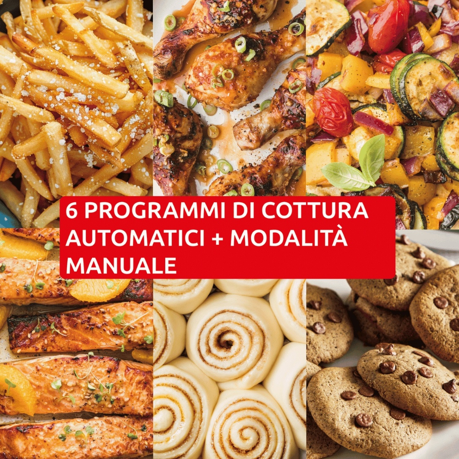 Collage di cibi cotti: patatine, pollo, verdure, salmone e biscotti.