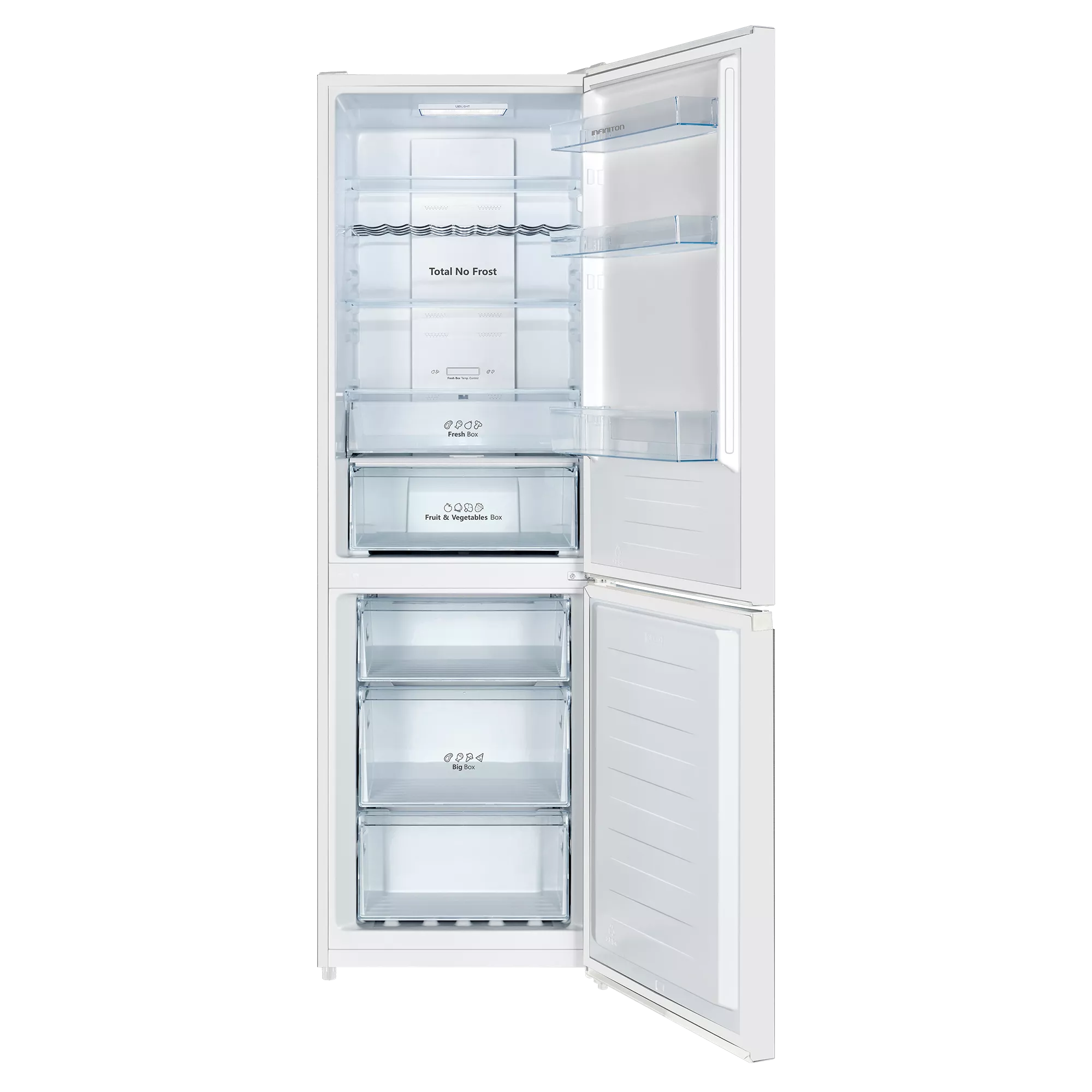 Una nevera blanca abierta con estantes de cristal y cajones.
