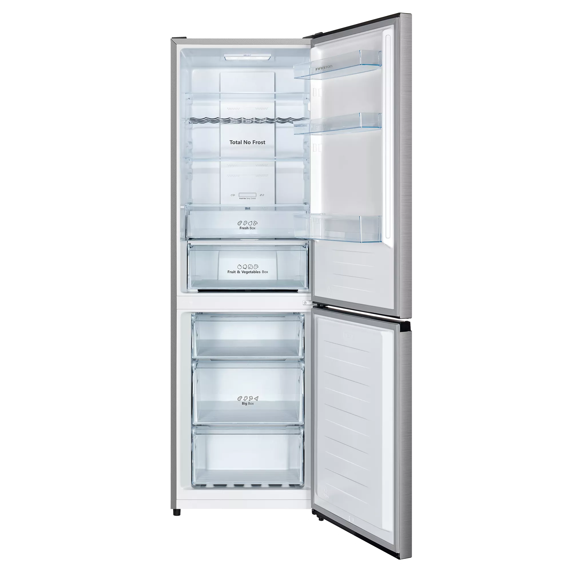 Un refrigerador vacío con la puerta abierta, mostrando varios estantes y cajones.