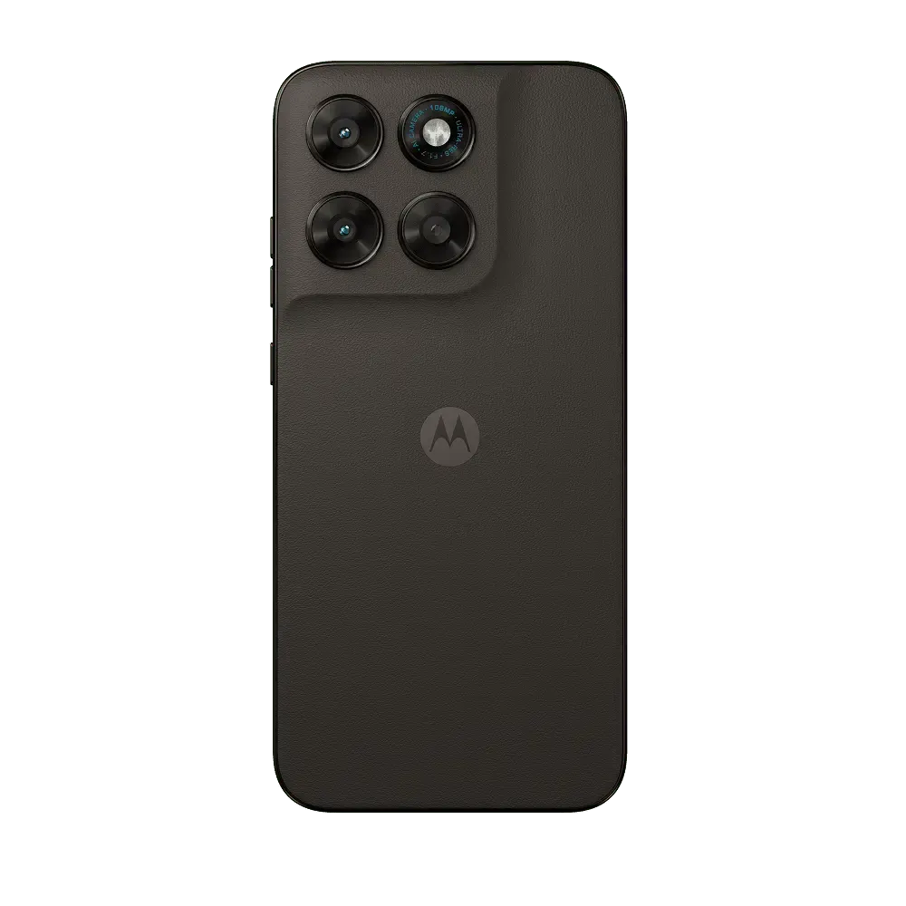 Teléfono inteligente gris oscuro con cuatro cámaras y logo de Motorola sobre fondo negro.
