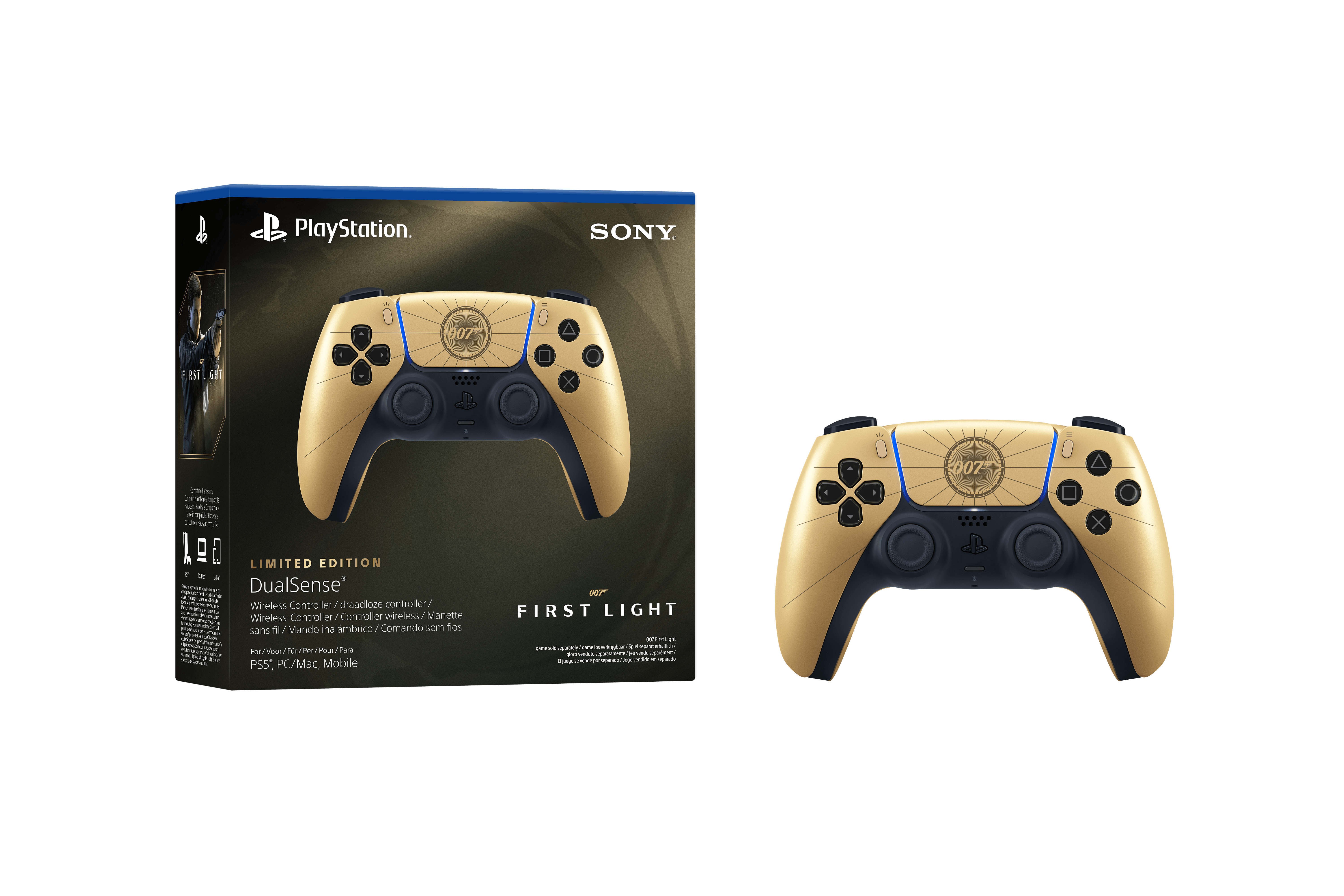 Altın rengi PlayStation DualSense kontrolcü paketi, yanında kontrolcü.