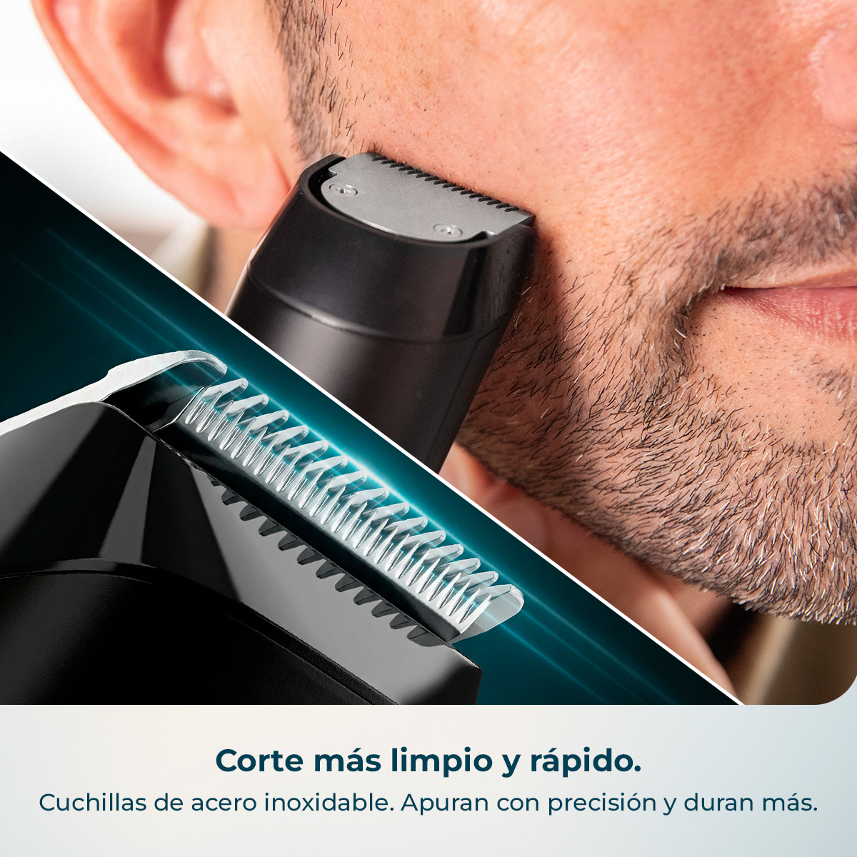 Primer plano de una recortadora cortando una barba. Cuchillas de acero.