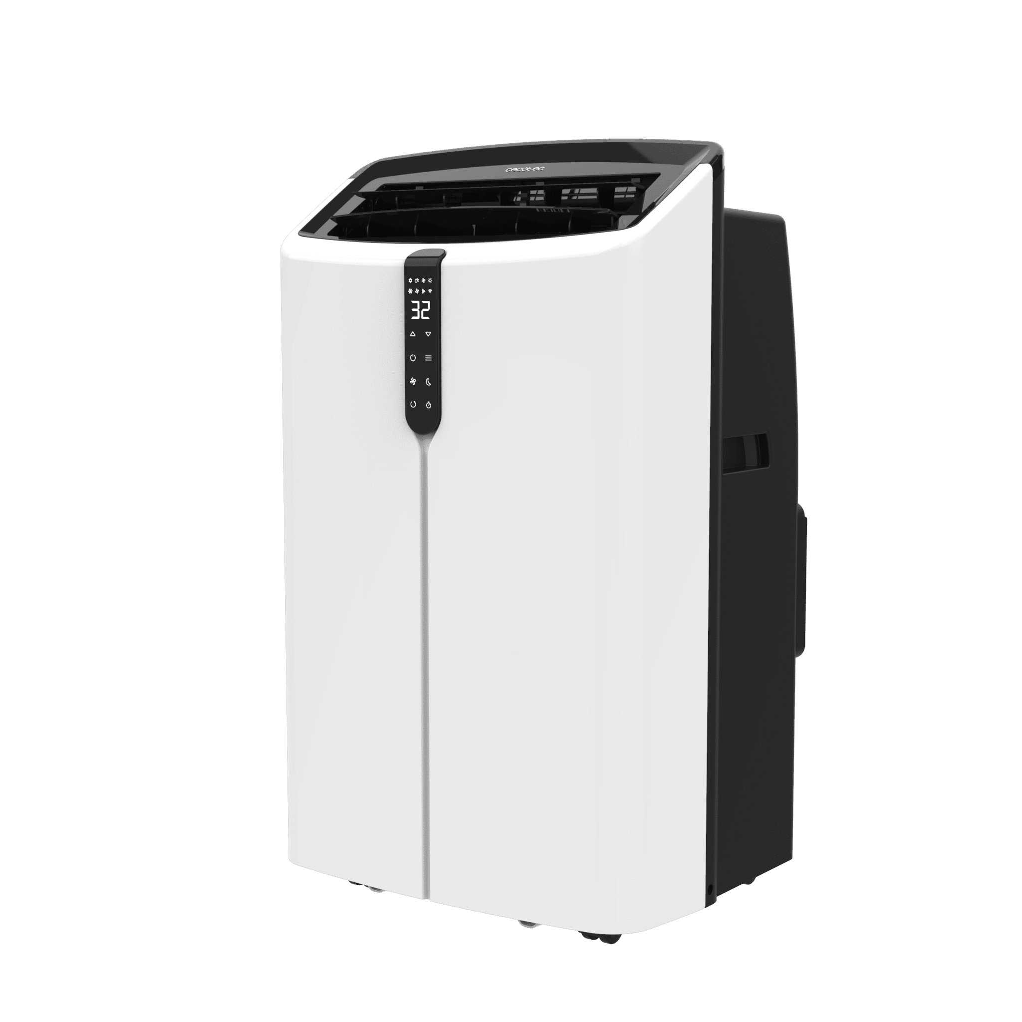 Una torre de aire acondicionado portátil blanca con acento negro y panel de control.