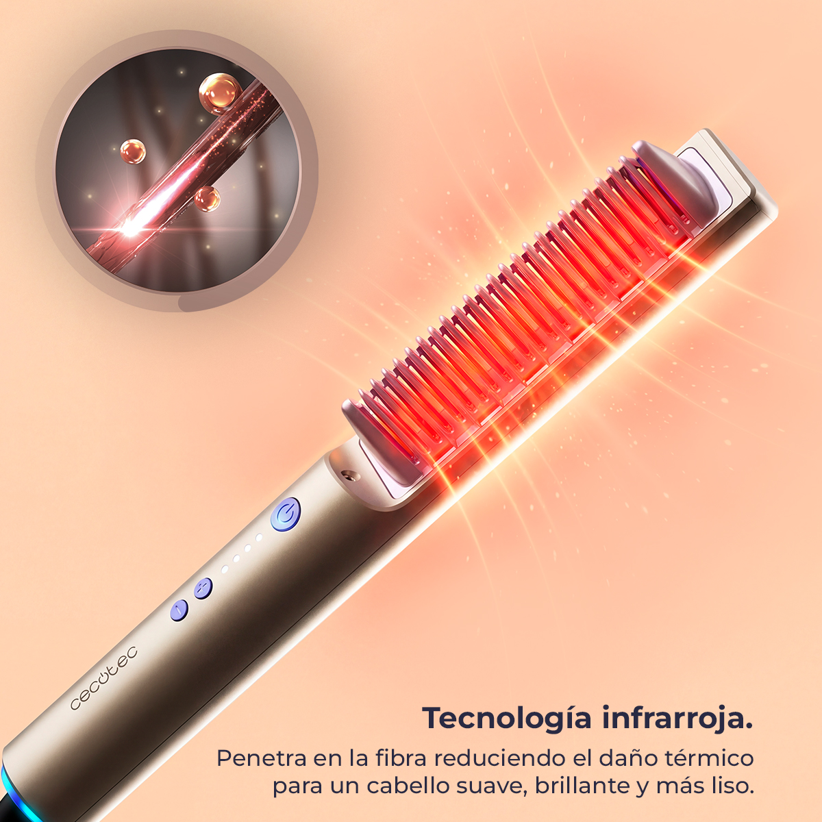 Peine dorado con luces LED rojas, con primer plano de mechones de cabello.