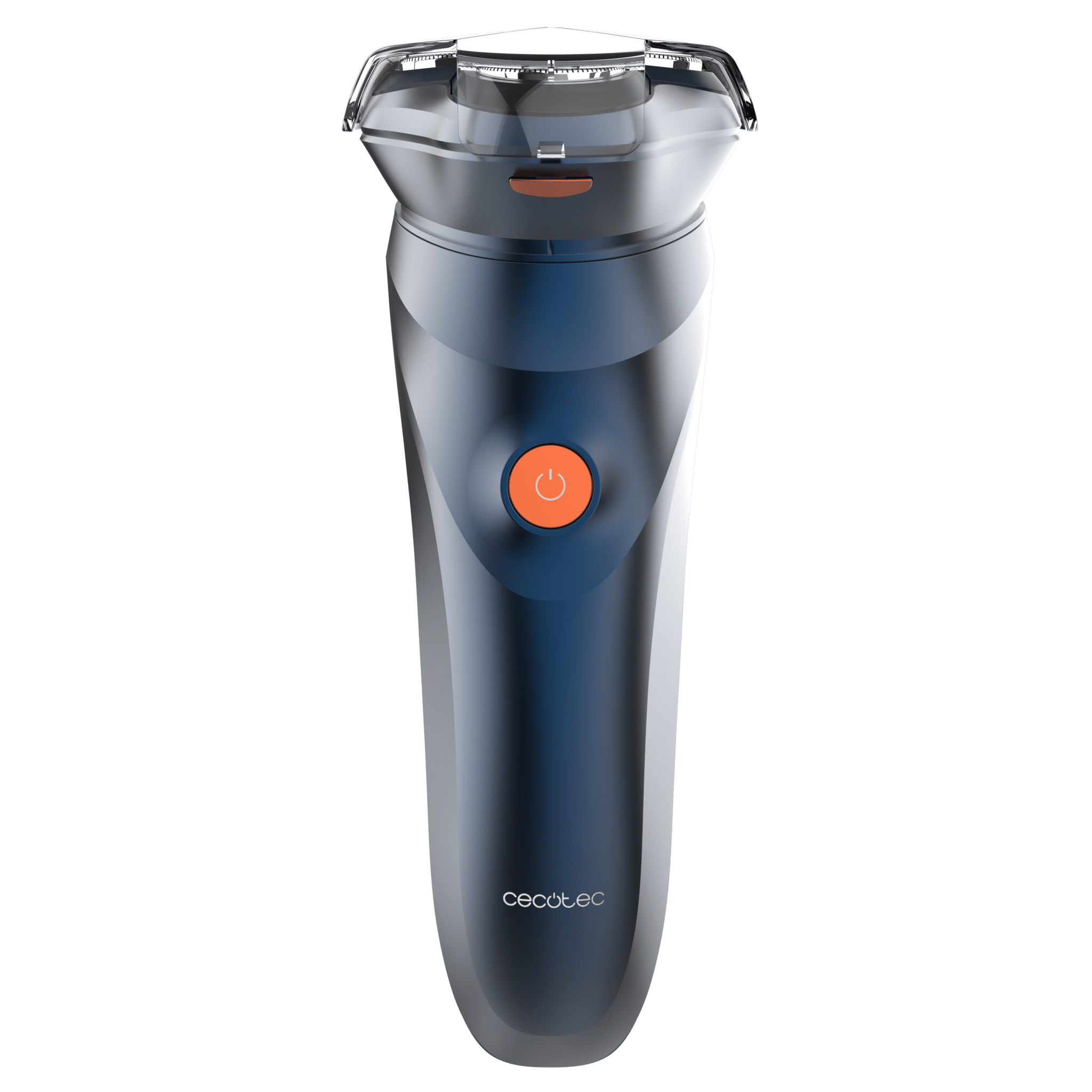 Un afeitadora eléctrica azul oscuro con botón de encendido naranja y cabezal plateado.