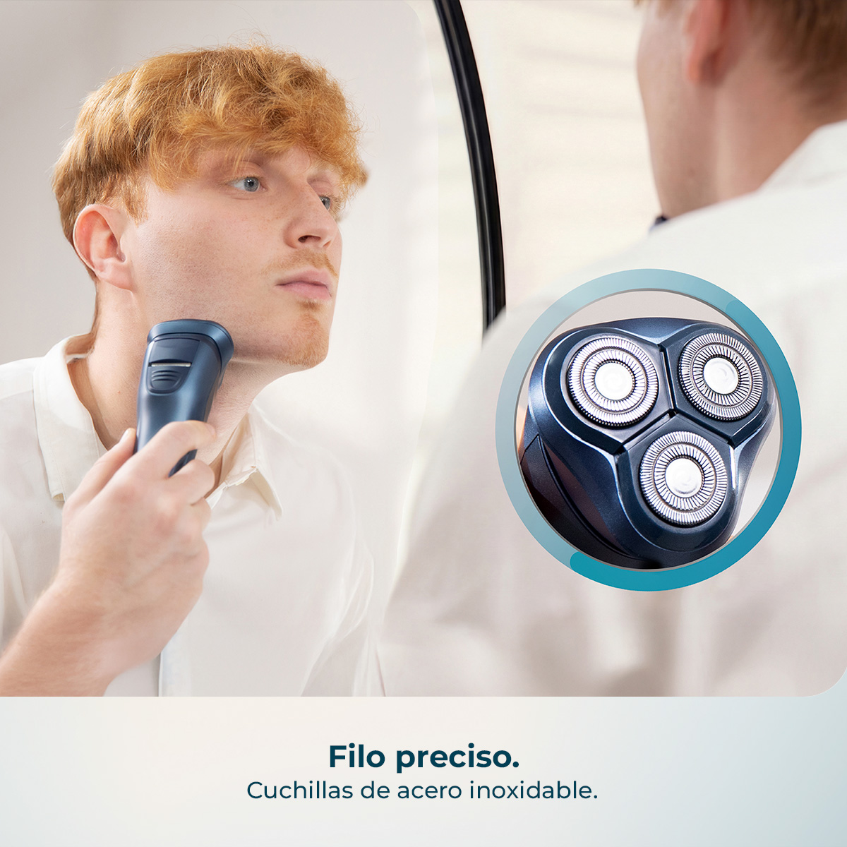 Hombre pelirrojo se afeita la cara con maquinilla azul. Primer plano del cabezal.