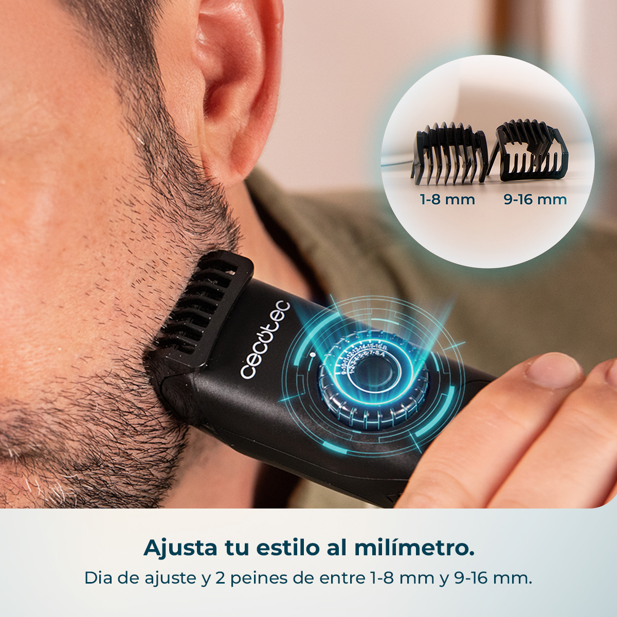 Hombre usando un recortador negro con accesorios de 1-8 mm y 9-16 mm.