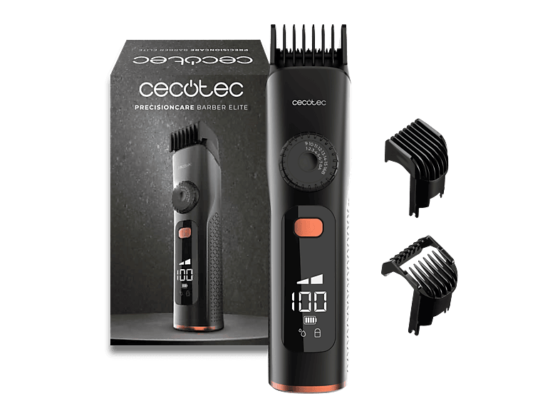 Barbero - Cecotec PrecisionCare Barber Elite, 120 min, Cuchillas acero inoxidable, IPX6, Pantalla, 2 peines 1-8 mm y 9-16 mm, Carga rápida, Negro