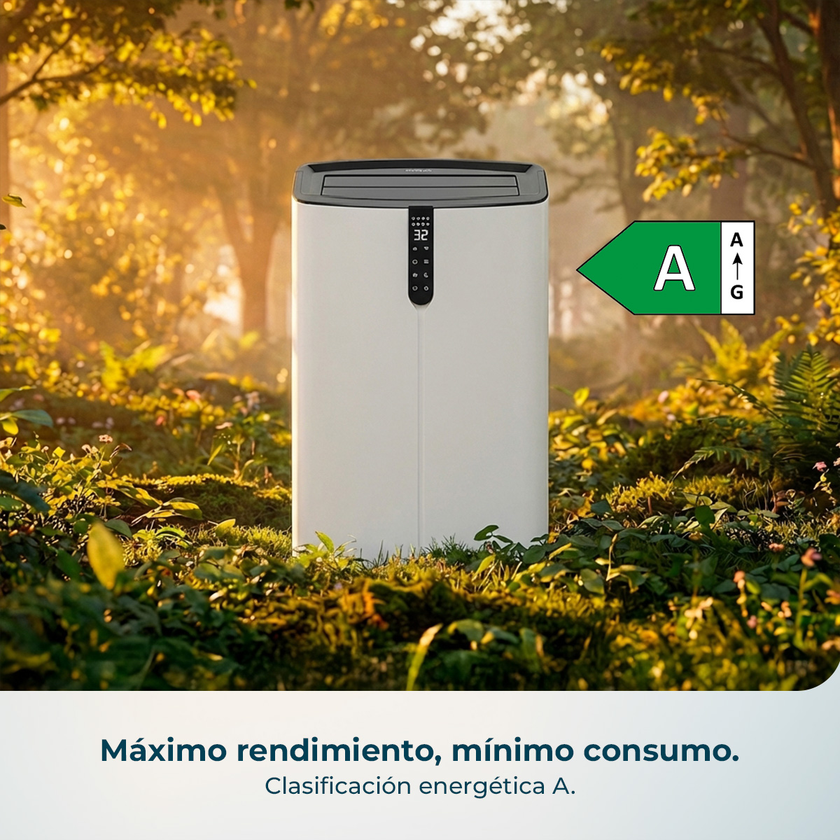 Una torre blanca de aire acondicionado portátil con pantalla digital se encuentra al aire libre.