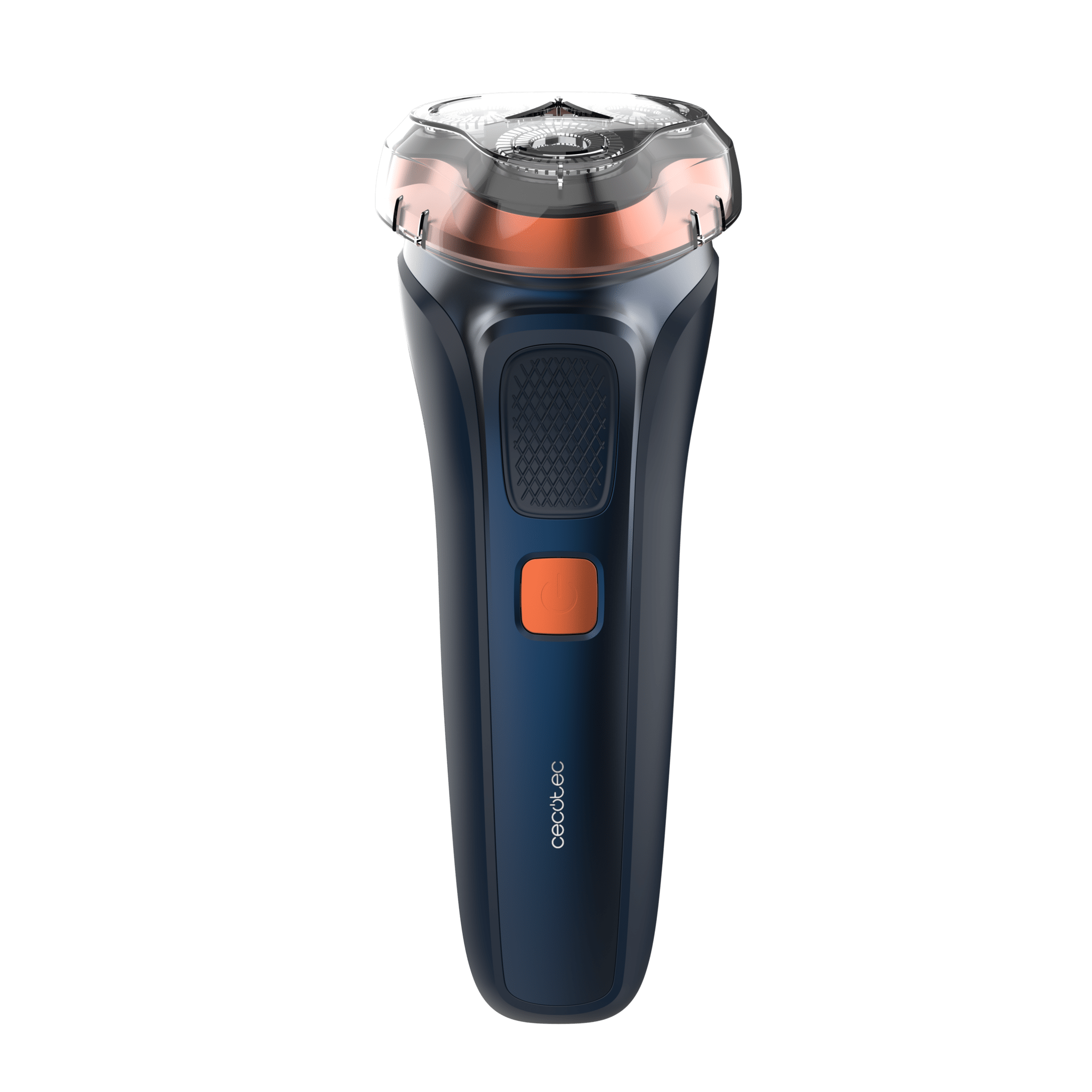 Una afeitadora eléctrica azul oscuro con botón naranja y cabezal transparente.