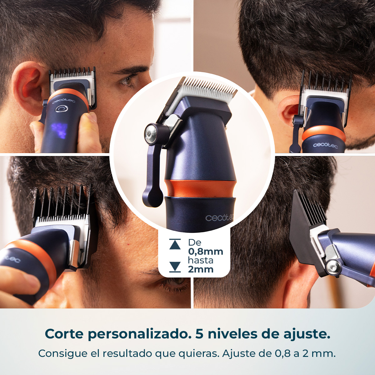 Primer plano de una cortapelos azul y naranja usada en un hombre.
