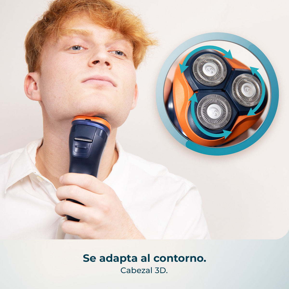 Hombre pelirrojo se afeita con afeitadora eléctrica. Primer plano del cabezal de la afeitadora.