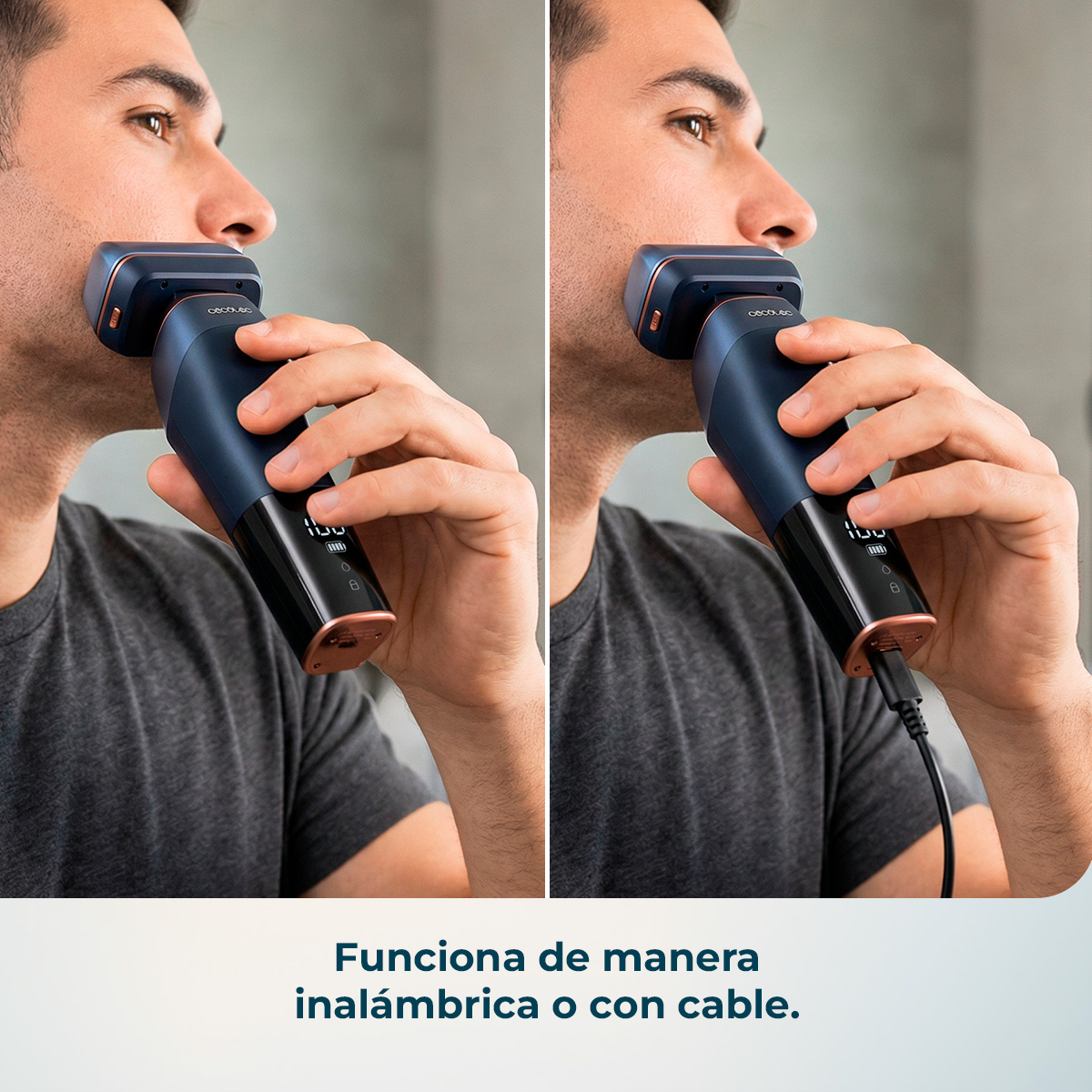 Hombre usando una afeitadora azul oscuro, inalámbrica y con cable.