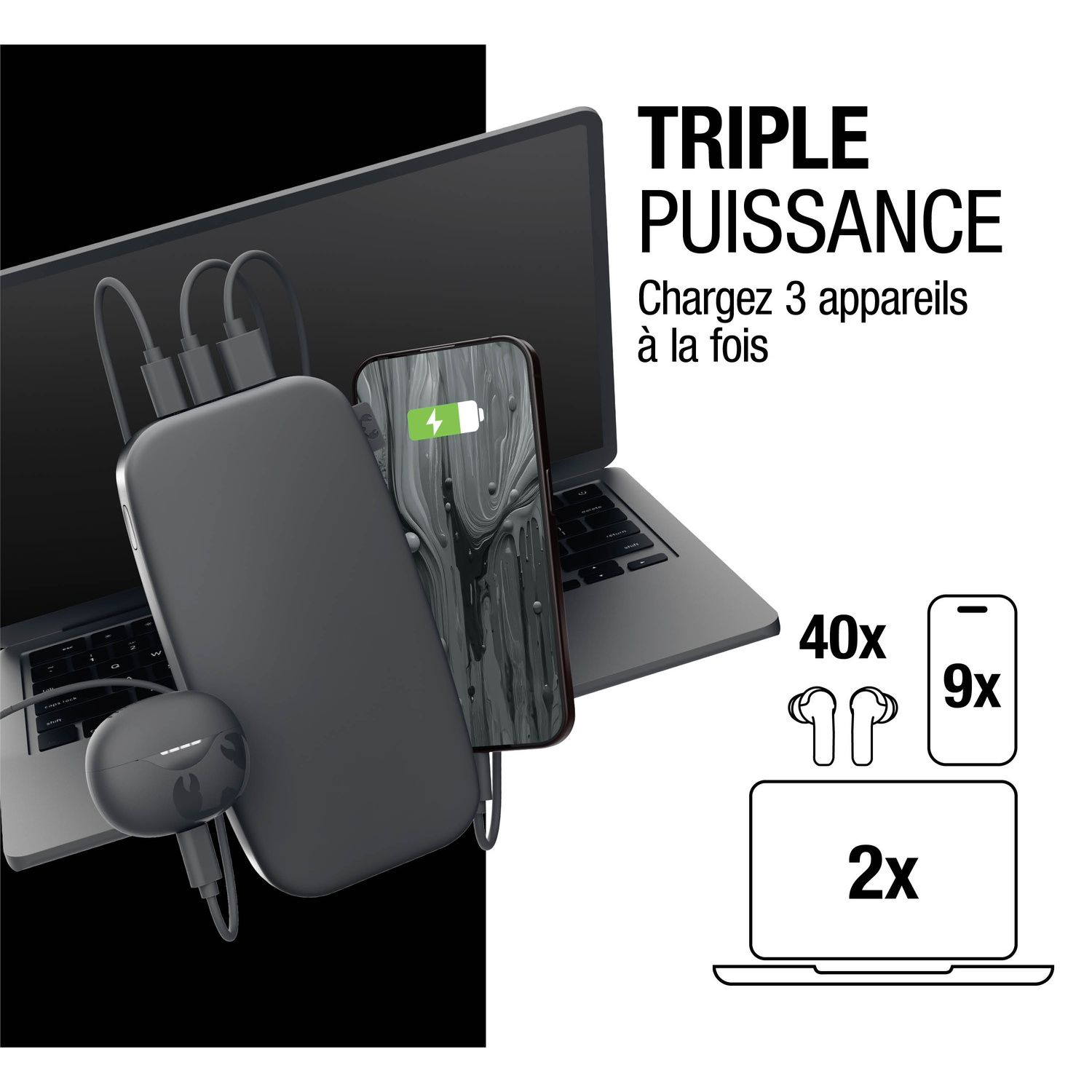 Batterie externe grise charge téléphone et écouteurs à côté d'un ordinateur portable. Icônes : 40x écouteurs, 9x téléphone, 2x portable.