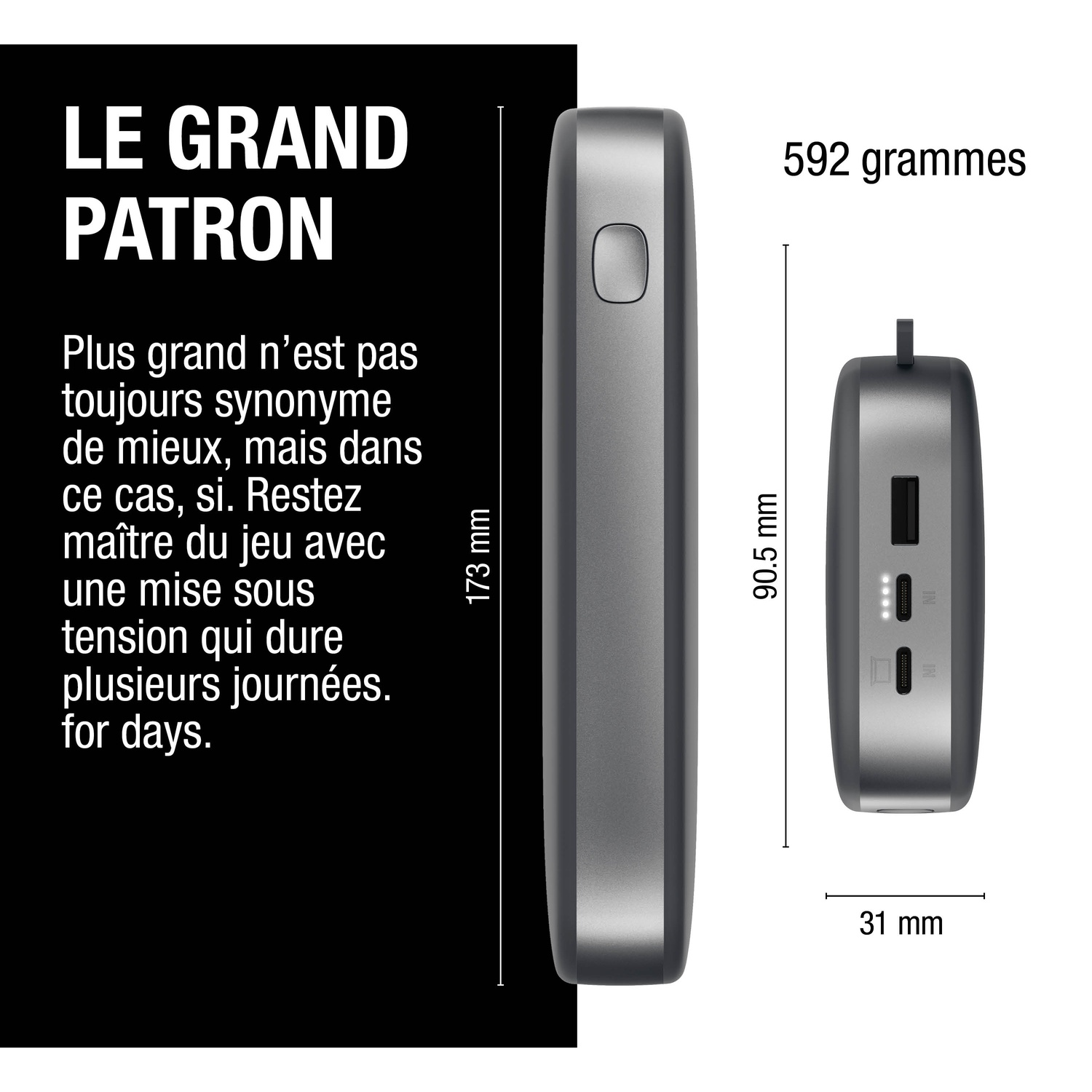Batterie externe grise avec dimensions et poids, 173 mm de haut, 90,5 mm de large.