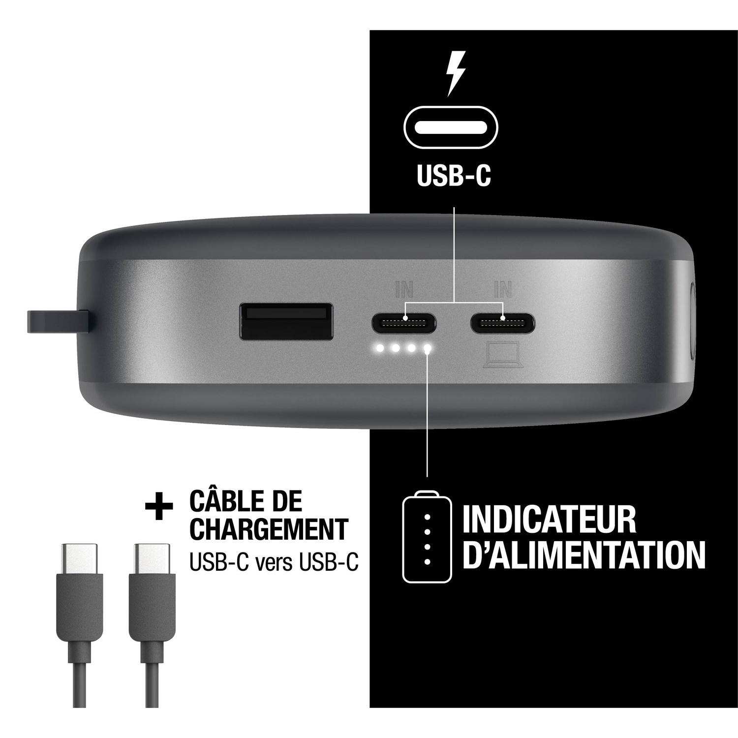Batterie externe grise avec port USB-C, indicateur de charge et deux câbles USB-C.