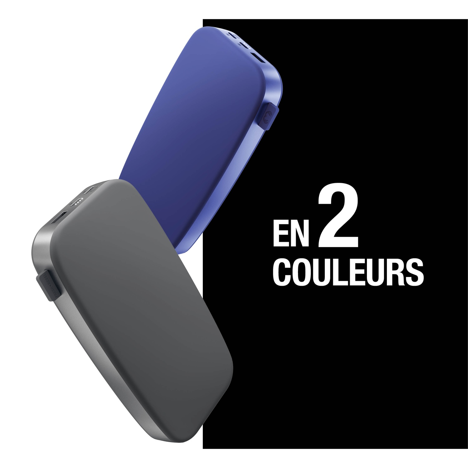 Deux batteries externes, une bleue et une grise, sont présentées côte à côte.