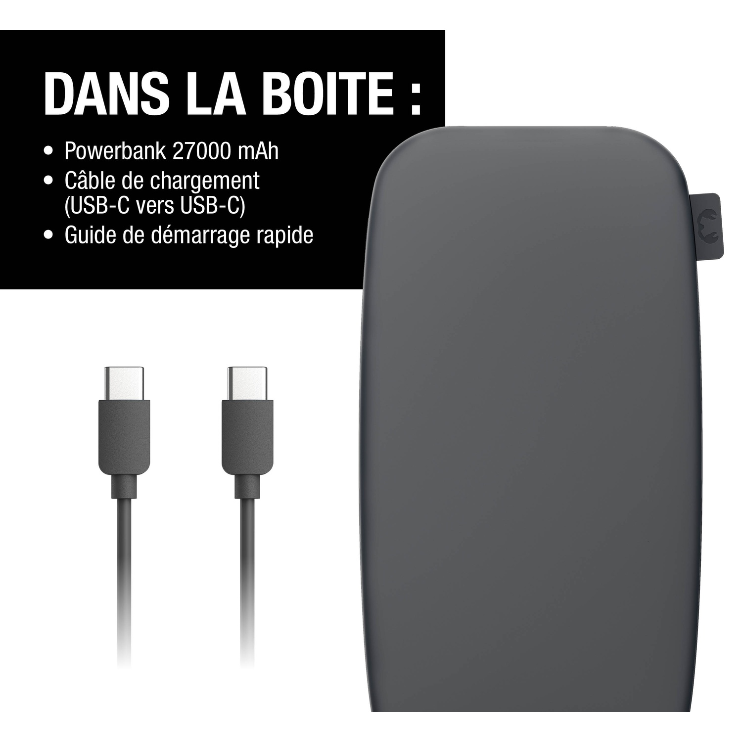 Batterie externe grise avec deux câbles USB-C et texte 'Dans la boîte :'