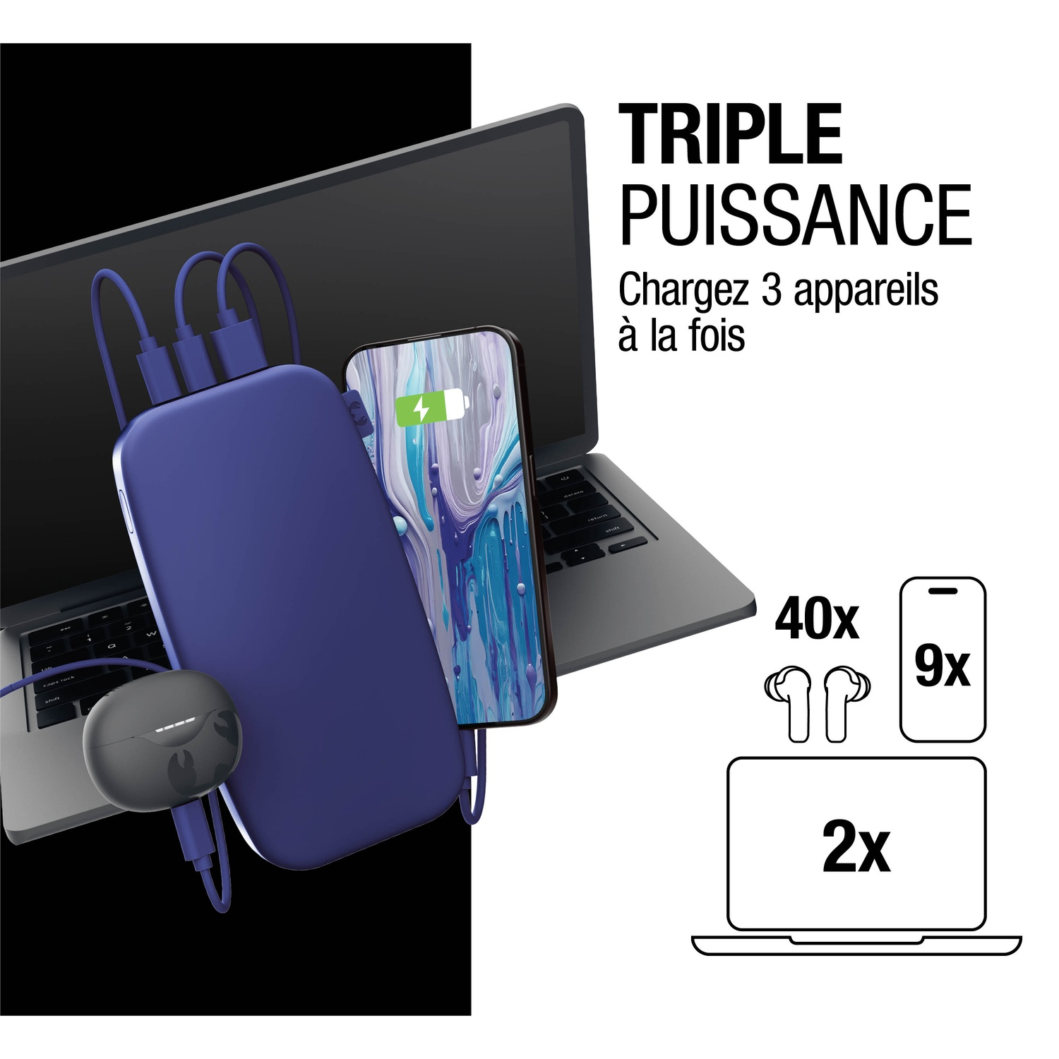 Batterie externe violette charge un téléphone et des écouteurs à côté d'un ordinateur portable. Icônes : 40x écouteurs, 9x téléphone, 2x ordinateur.