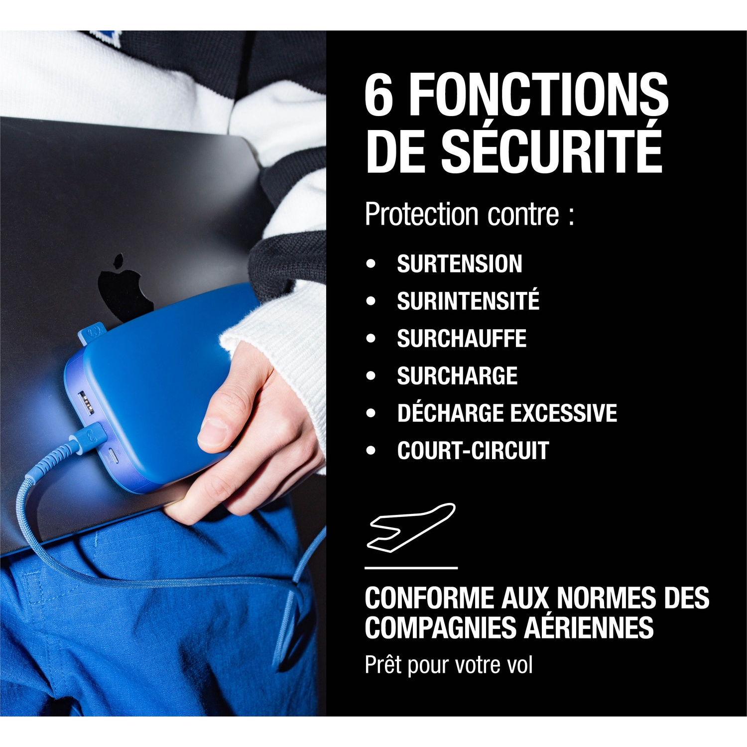 Une batterie externe bleue est connectée à un ordinateur portable noir. Le texte liste 6 fonctions de sécurité.