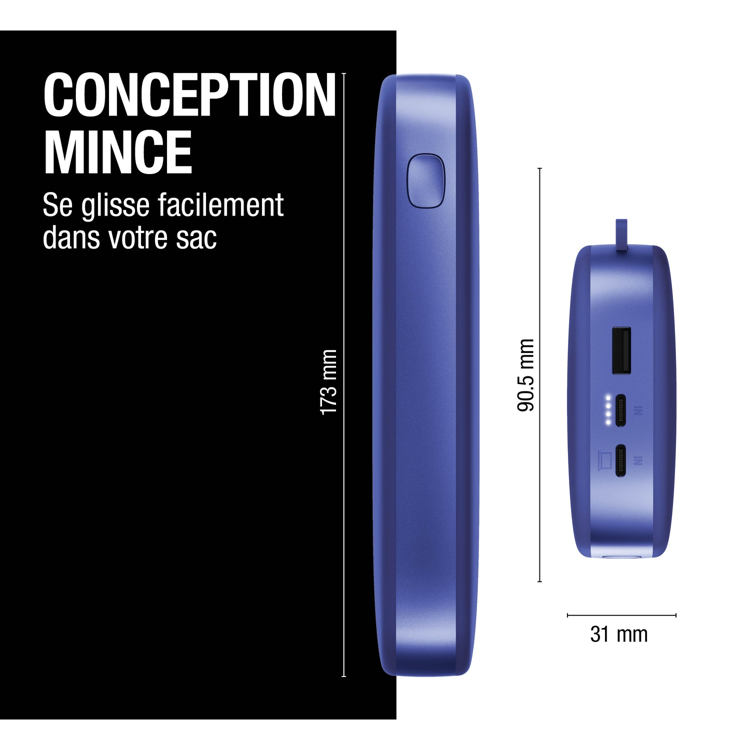 Un prototype de power bank bleu avec des dimensions de 173 mm, 90,5 mm et 31 mm.