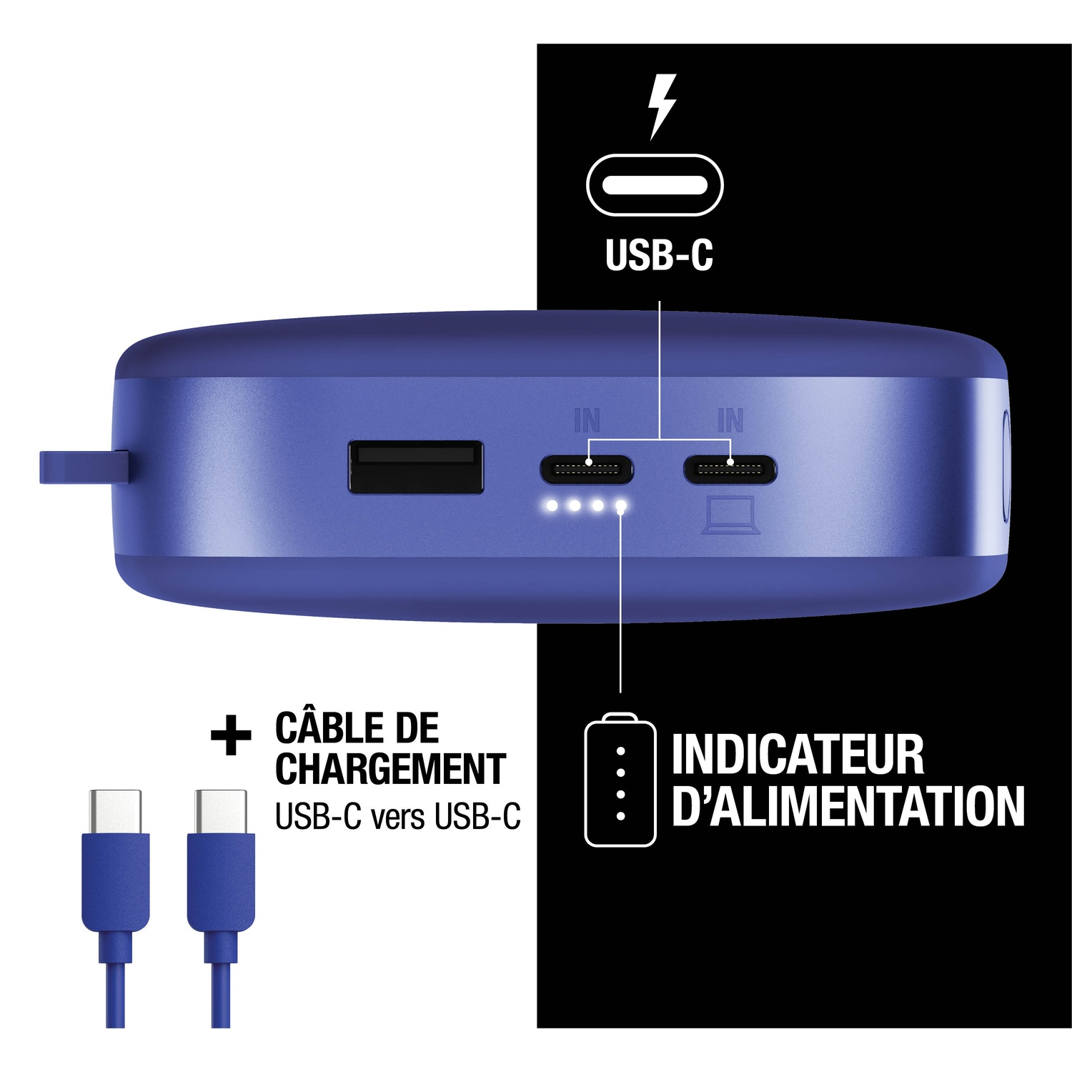 Une banque d'alimentation bleue avec ports USB-C et câble de charge.