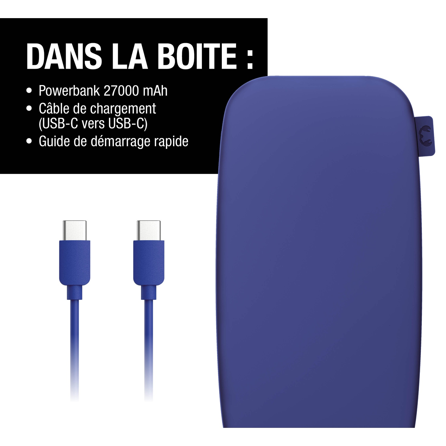 Batterie externe violette avec deux câbles USB-C et texte.