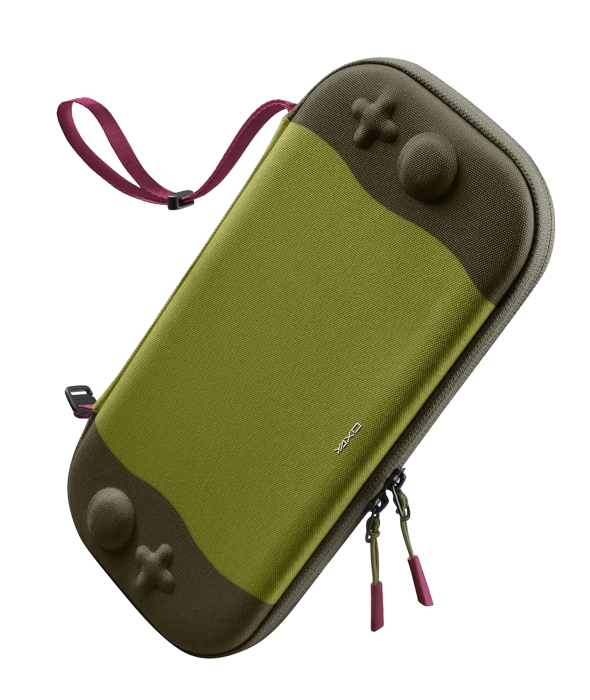 Zielono-brązowe etui na Nintendo Switch z zamkiem i paskiem.