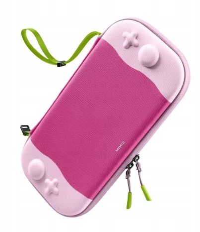 Różowe etui do przenoszenia Nintendo Switch Lite z zielonym paskiem i zamkami.