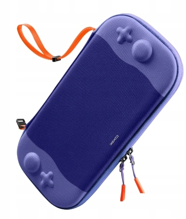 Fioletowe etui do Nintendo Switch Lite z pomarańczowym paskiem i uchwytami zamka.