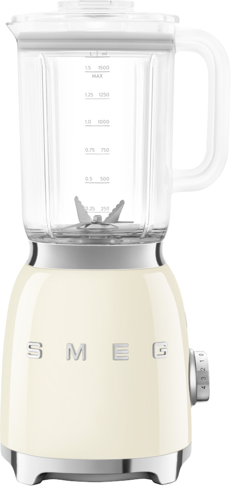 A cream-colored SMEG blender with a glass jar, measurement markings, and silver controls.