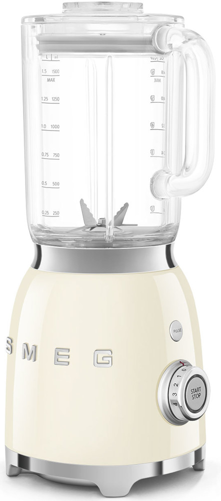 A cream-colored Smeg blender with a silver base and silver accents.