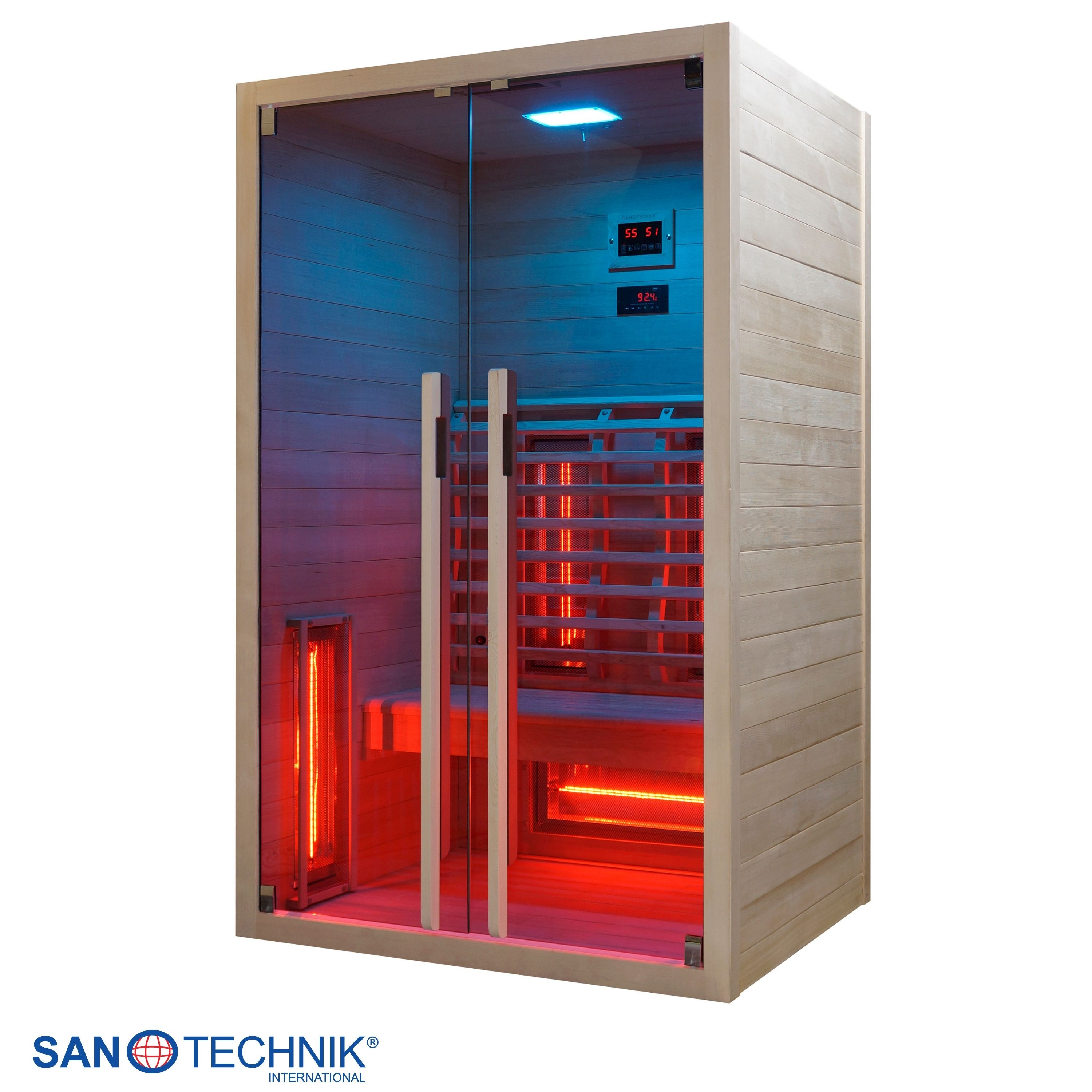 Eine Sauna mit Holzwänden, Glastüren, roten Heizstäben und blauer Beleuchtung.