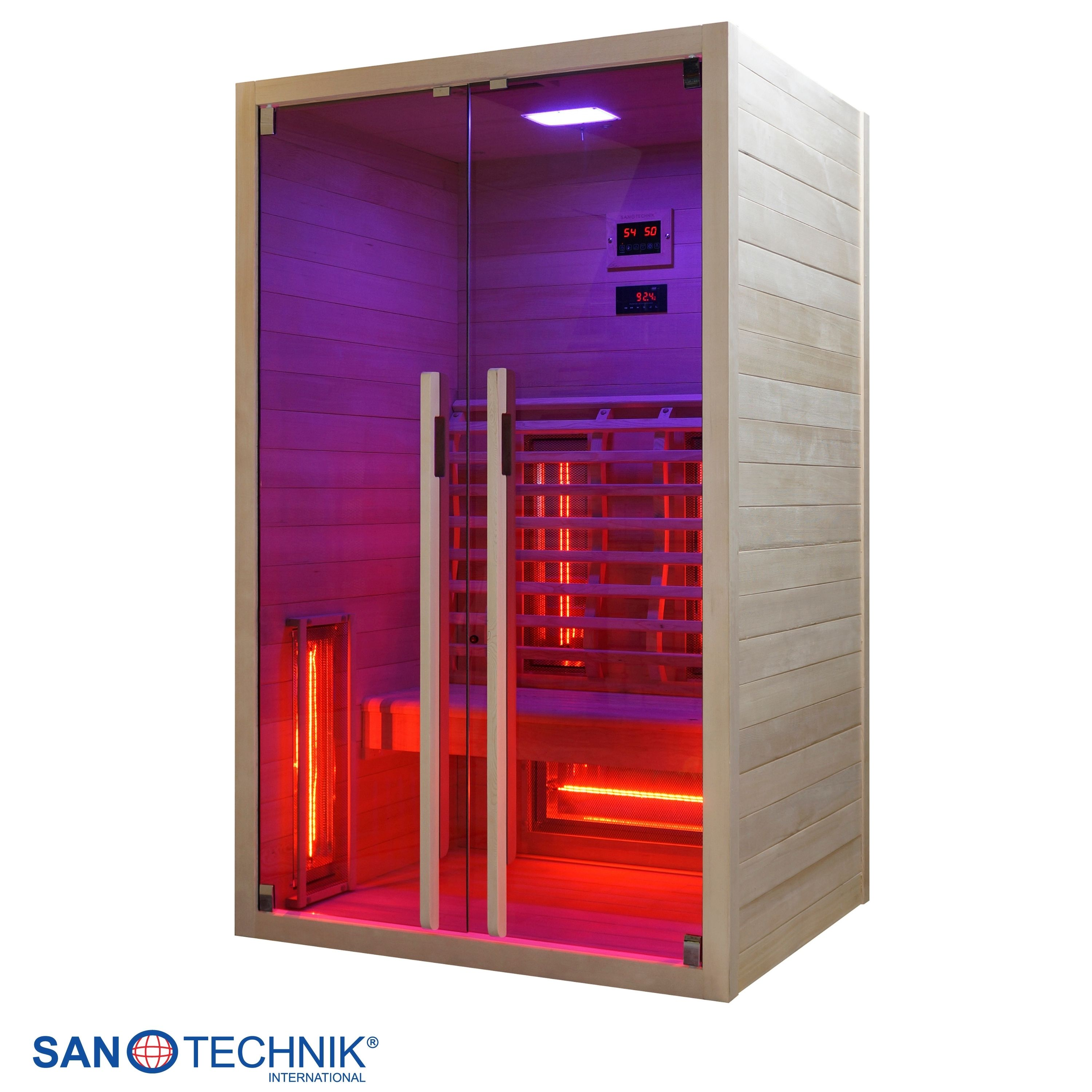 Eine moderne Sauna mit Glastür, Holzverkleidung und roter Heizung.