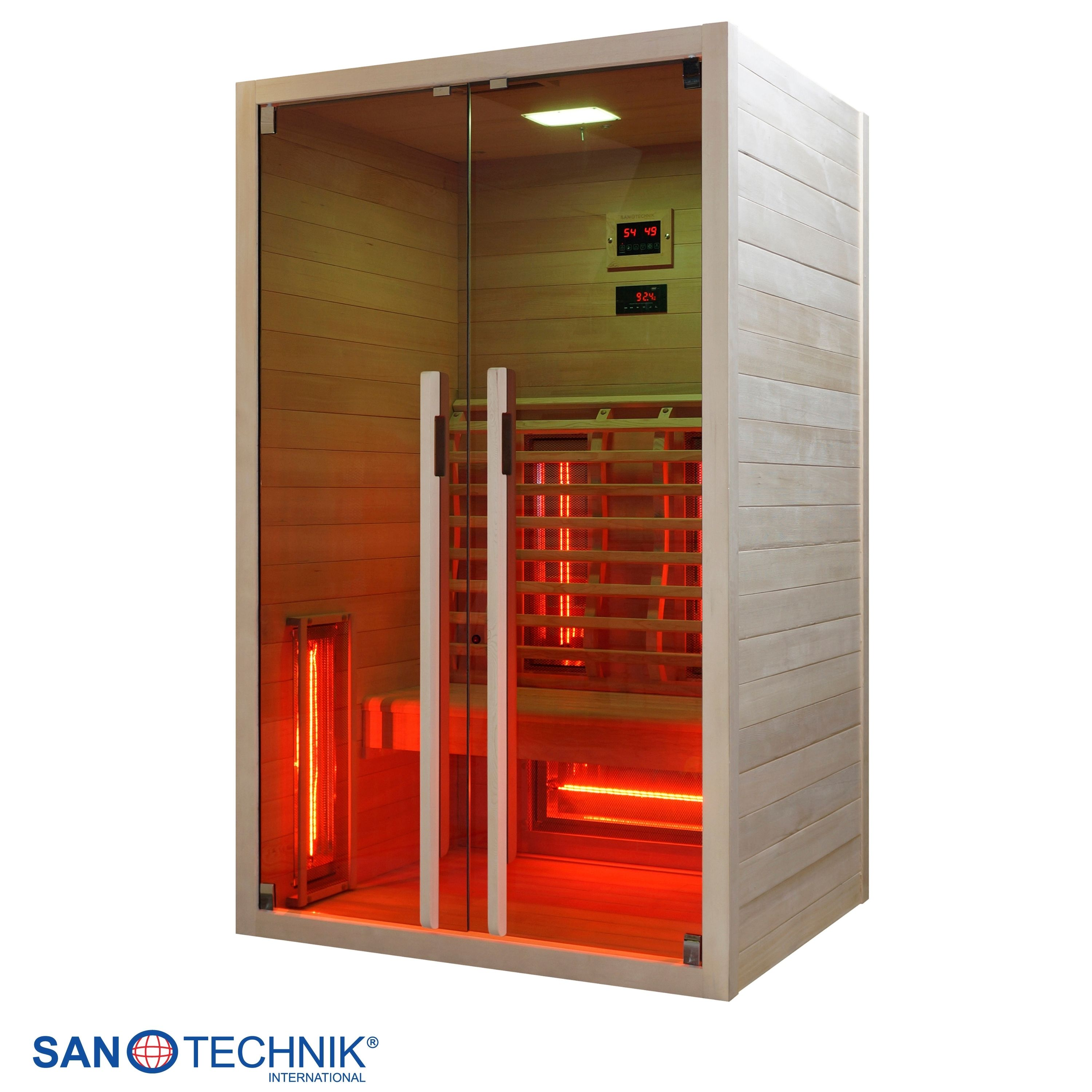 Eine Holzhinsauna mit Glastüren, beleuchtet mit rotem Licht.