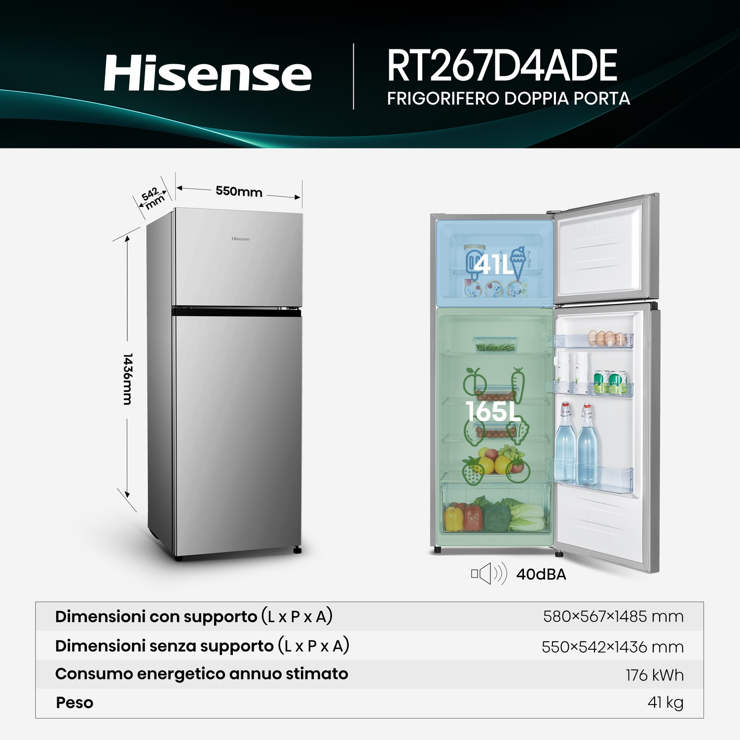 Frigorifero argento Hisense a doppia porta, dimensioni e vista interna con cibo.