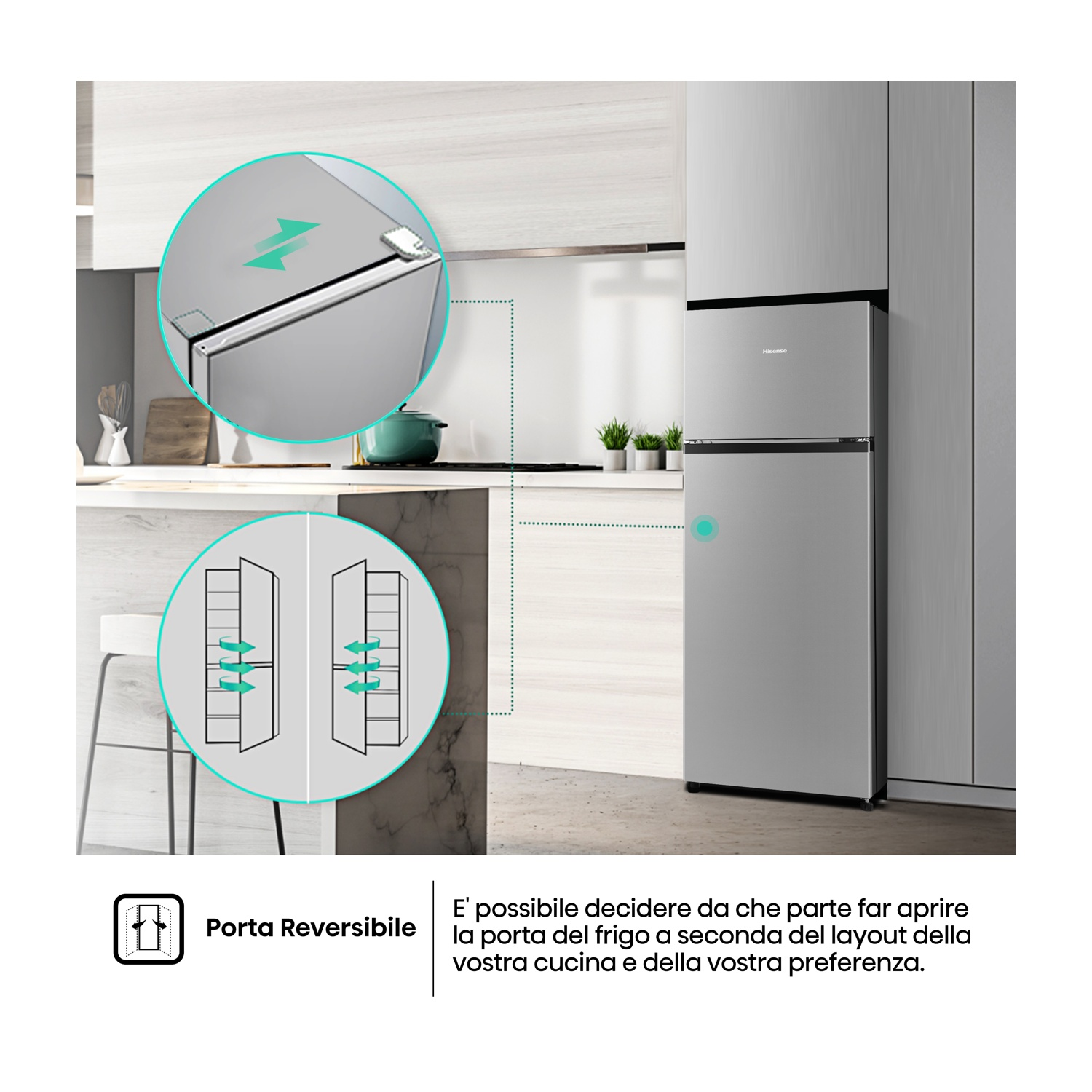 Frigorifero Hisense argento con porta reversibile, dettagli apertura porta.