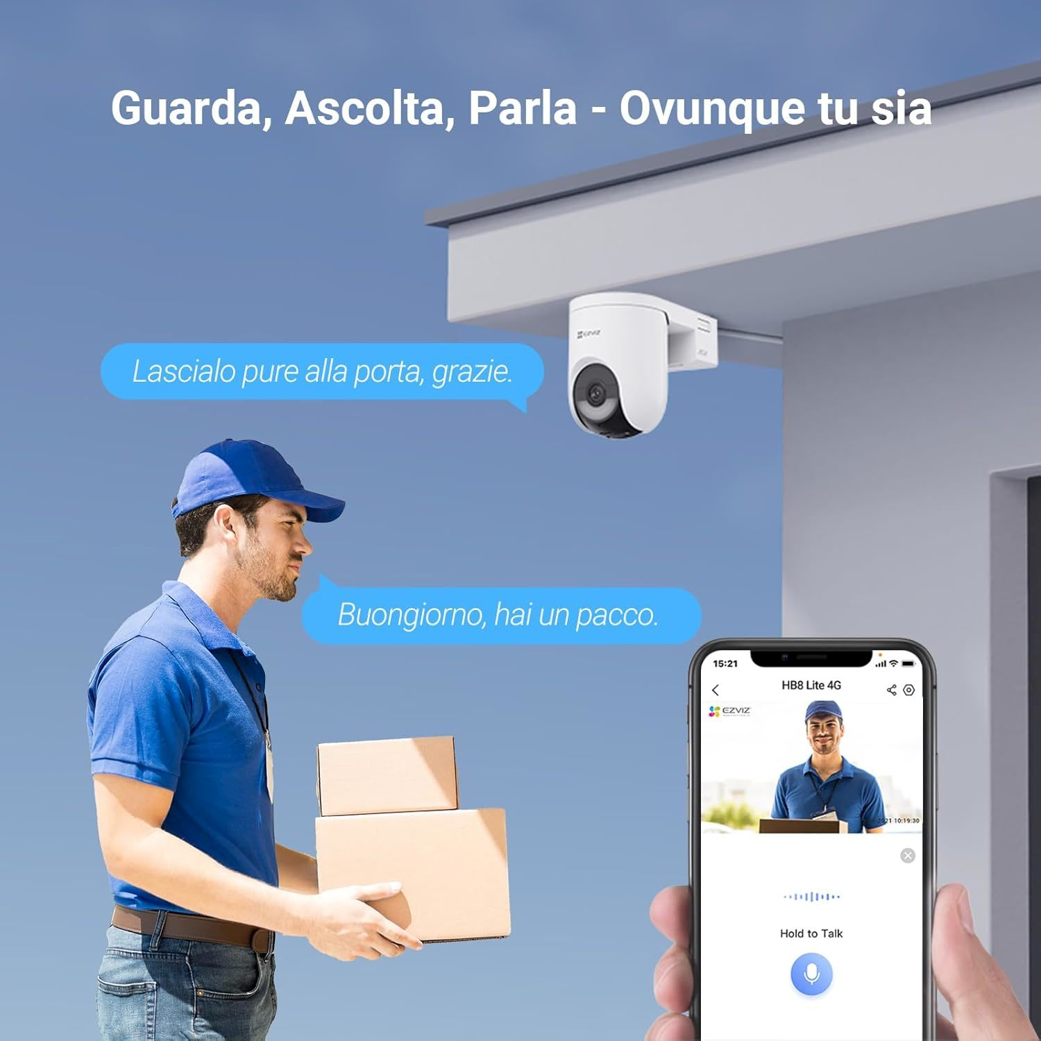 Corriere con pacchi parla tramite app con telecamera di sicurezza. Appare sul telefono.