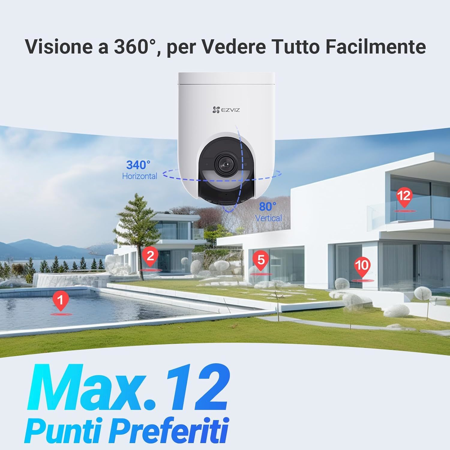Una telecamera EZVIZ con visione orizzontale di 340° e verticale di 80° su una villa moderna e piscina.