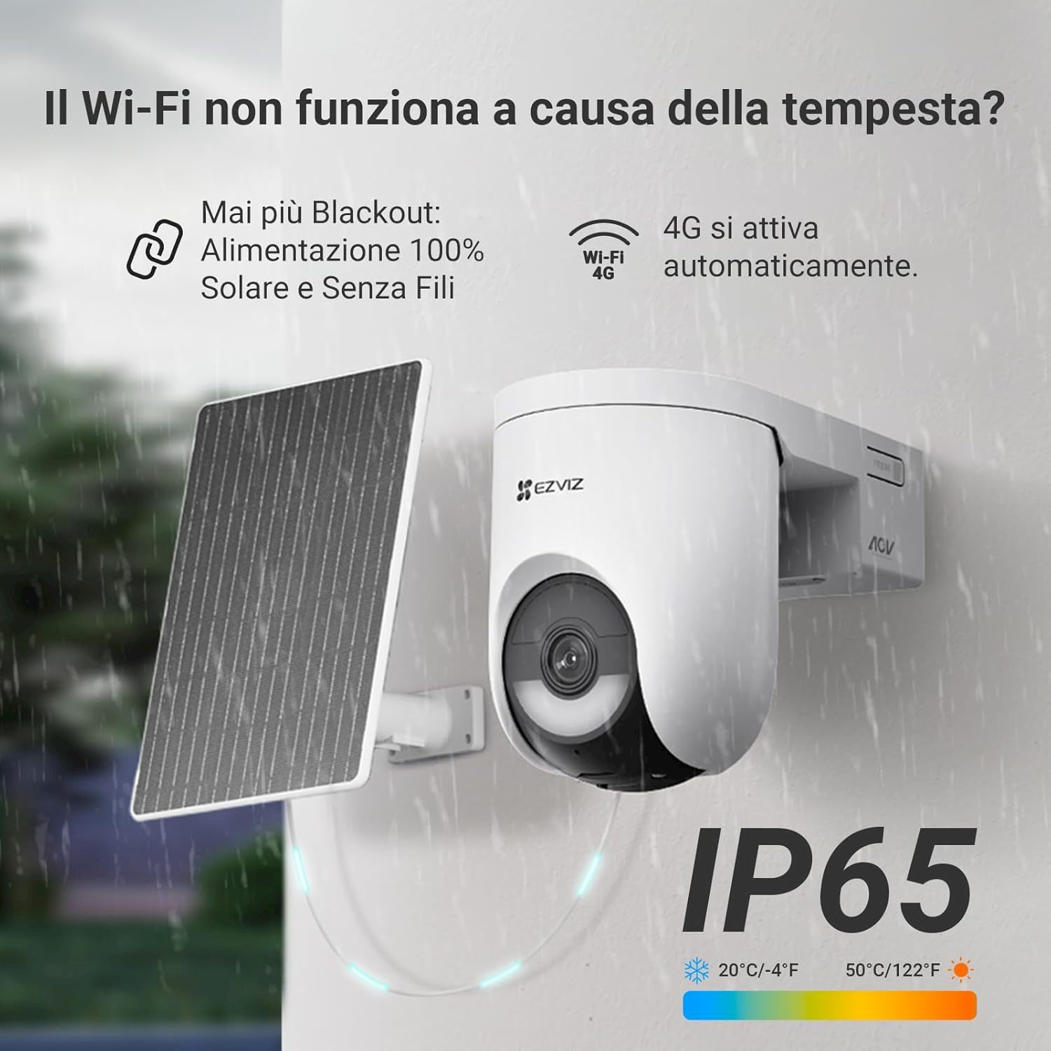 Telecamera di sicurezza bianca con pannello solare, IP65, sotto la pioggia.