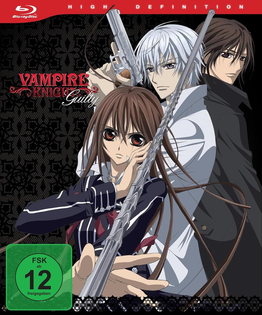 Anime-Cover: Drei Charaktere mit Waffen vor schwarzem Hintergrund. FSK 12.