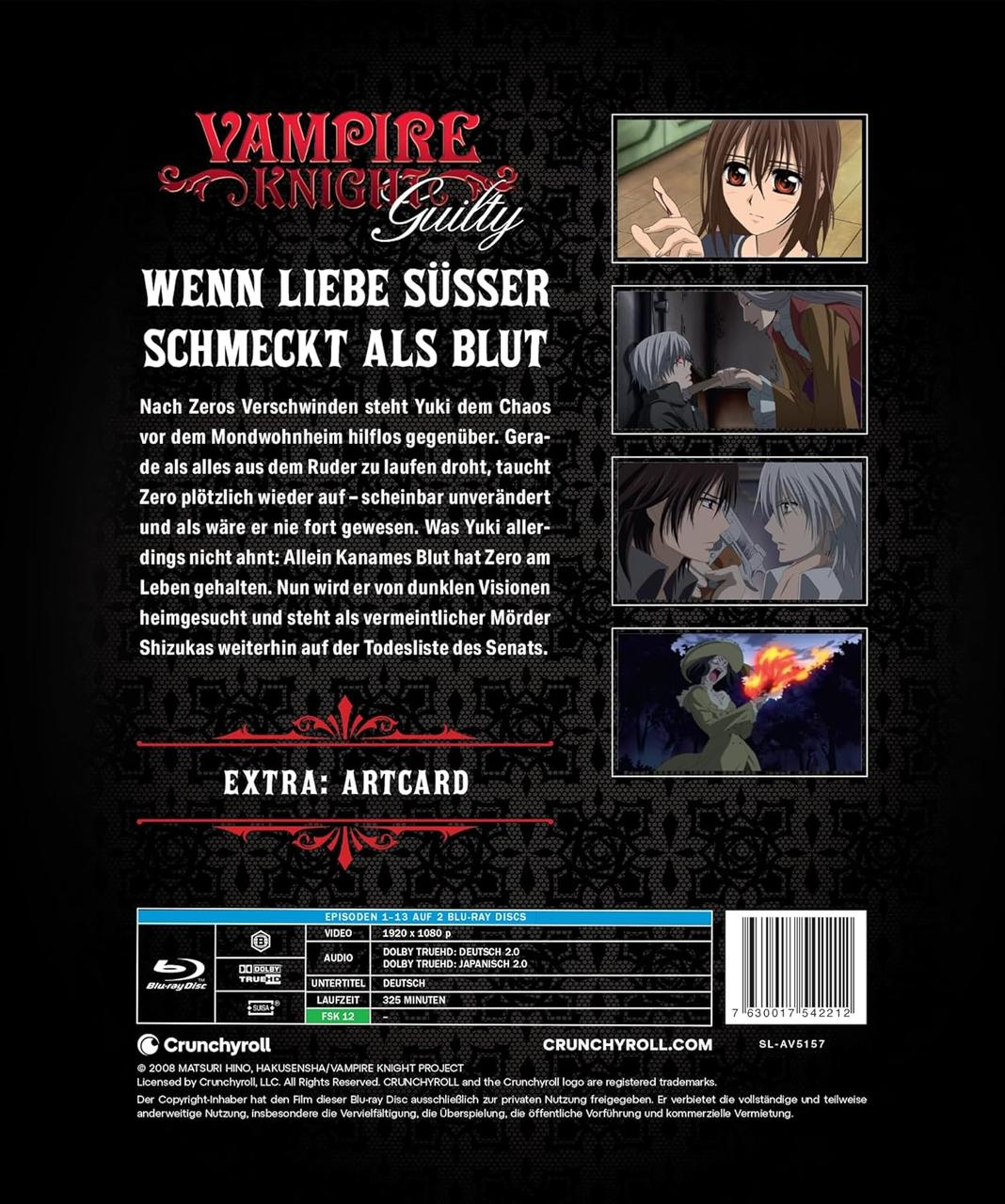 Anime Blu-ray Cover von Vampire Knight Guilty mit Episodeninfo und Produktmerkmalen.