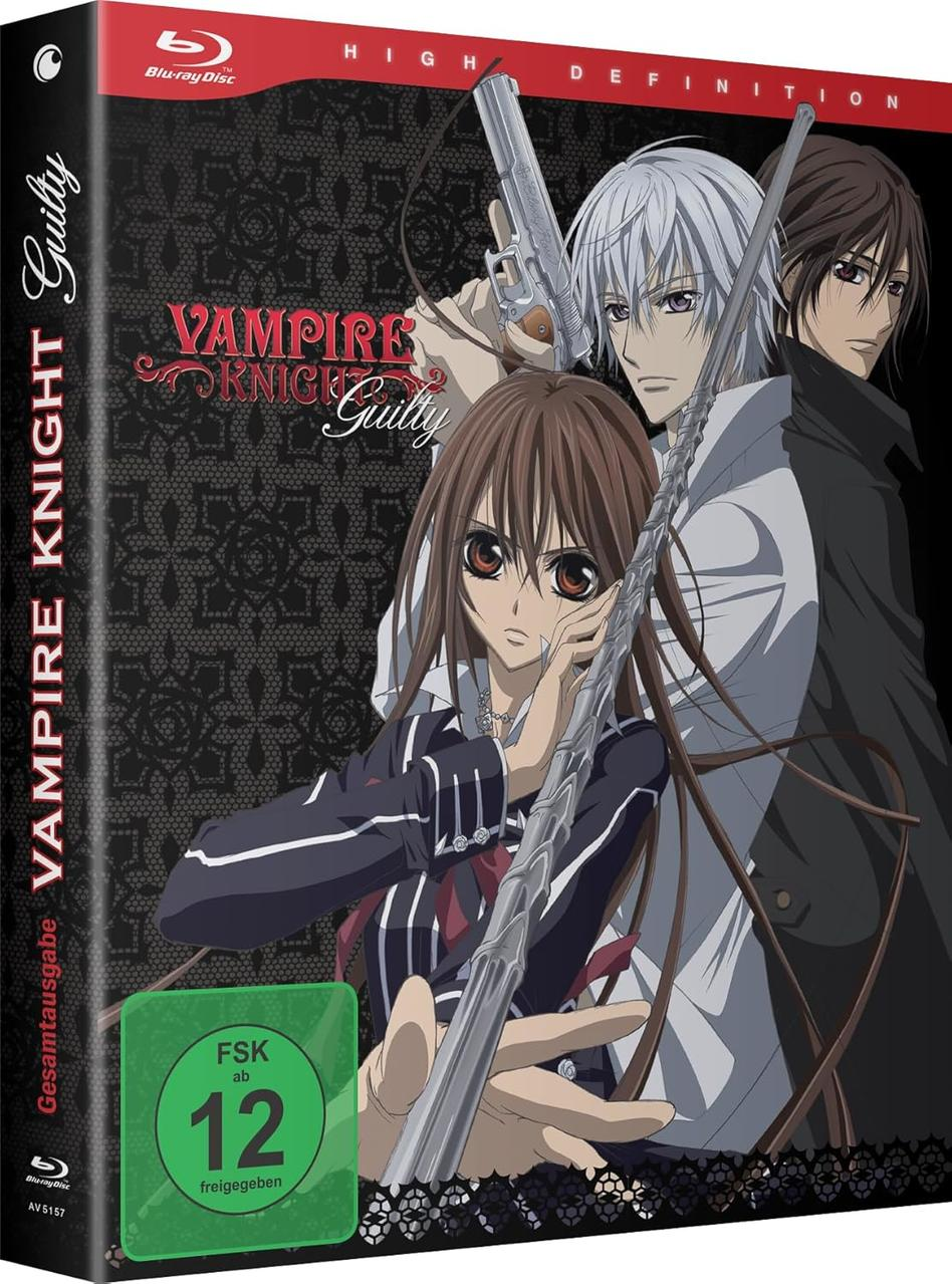 Anime-Charaktere mit Waffen und dem Titel Vampire Knight Guilty.