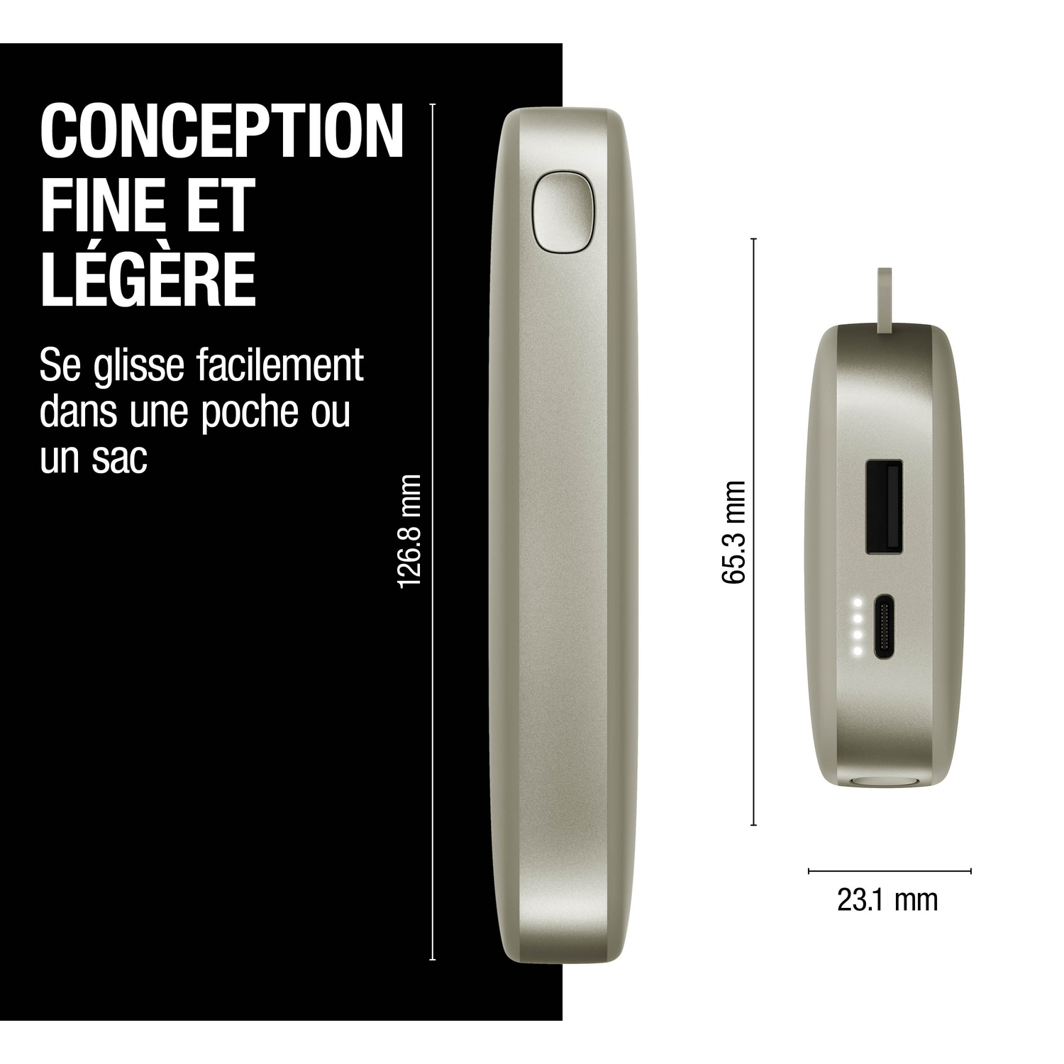 Un appareil fin et beige clair de 126,8 mm de haut et 23,1 mm de large.