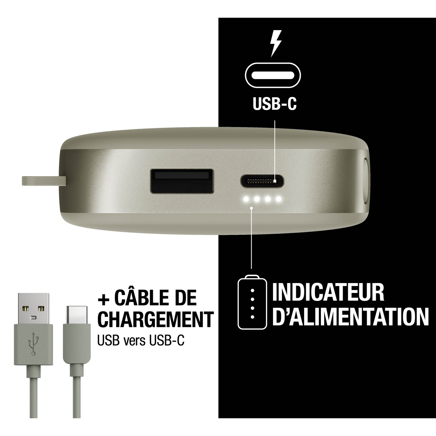 Une batterie externe grise avec ports USB-A, USB-C et quatre voyants de charge.