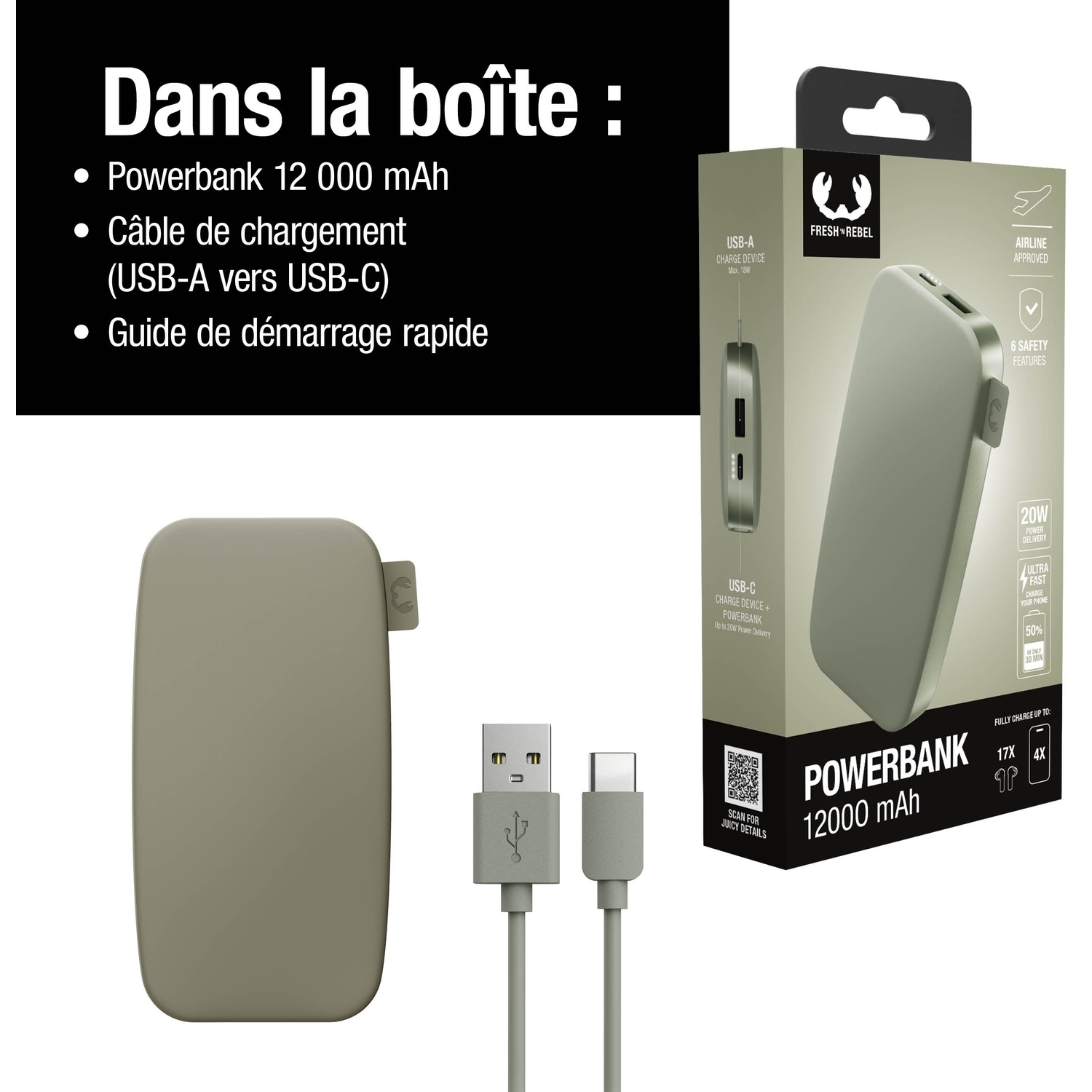 Un set de power bank gris avec câble et emballage. Comprend power bank, câble USB-A vers USB-C.