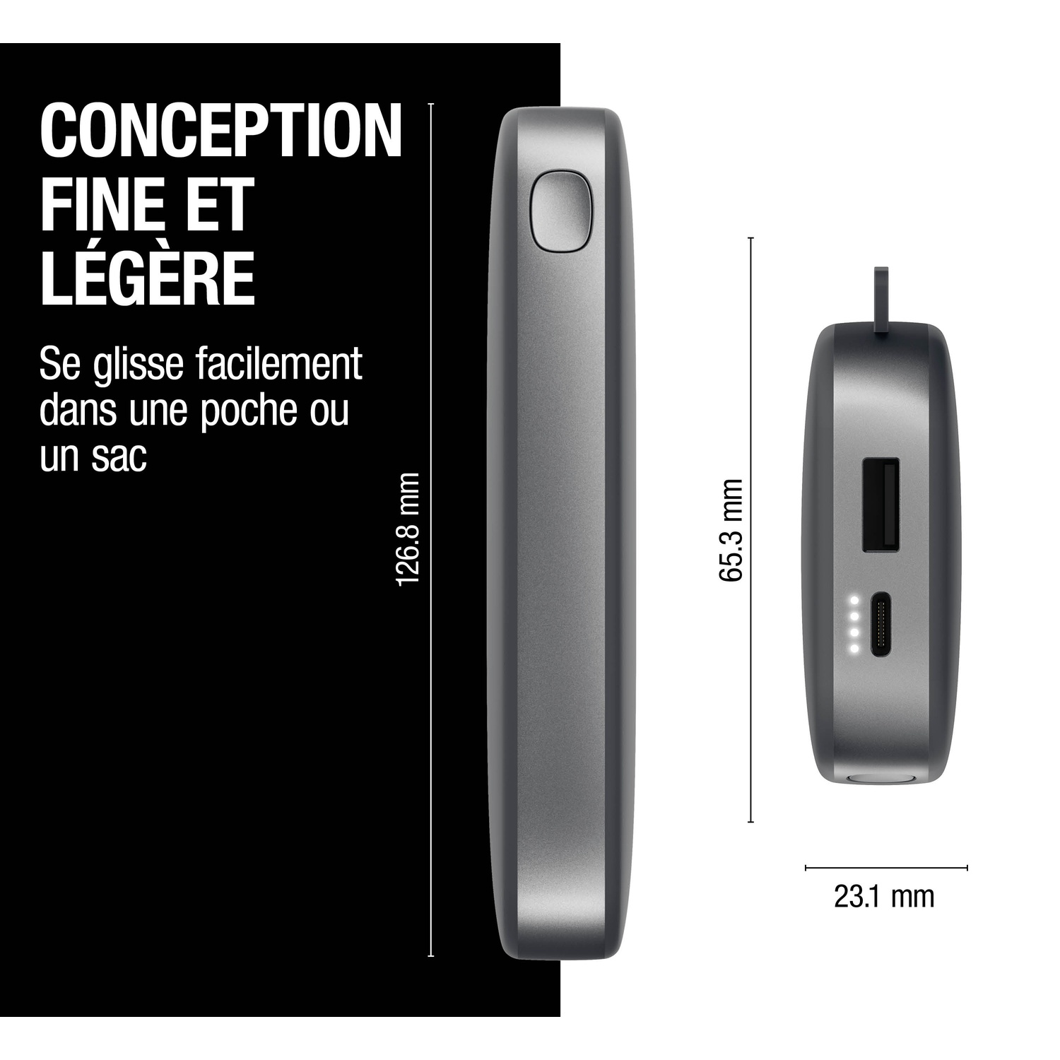 Étui de chargement gris avec dimensions : 126,8 mm, 65,3 mm, 23,1 mm.