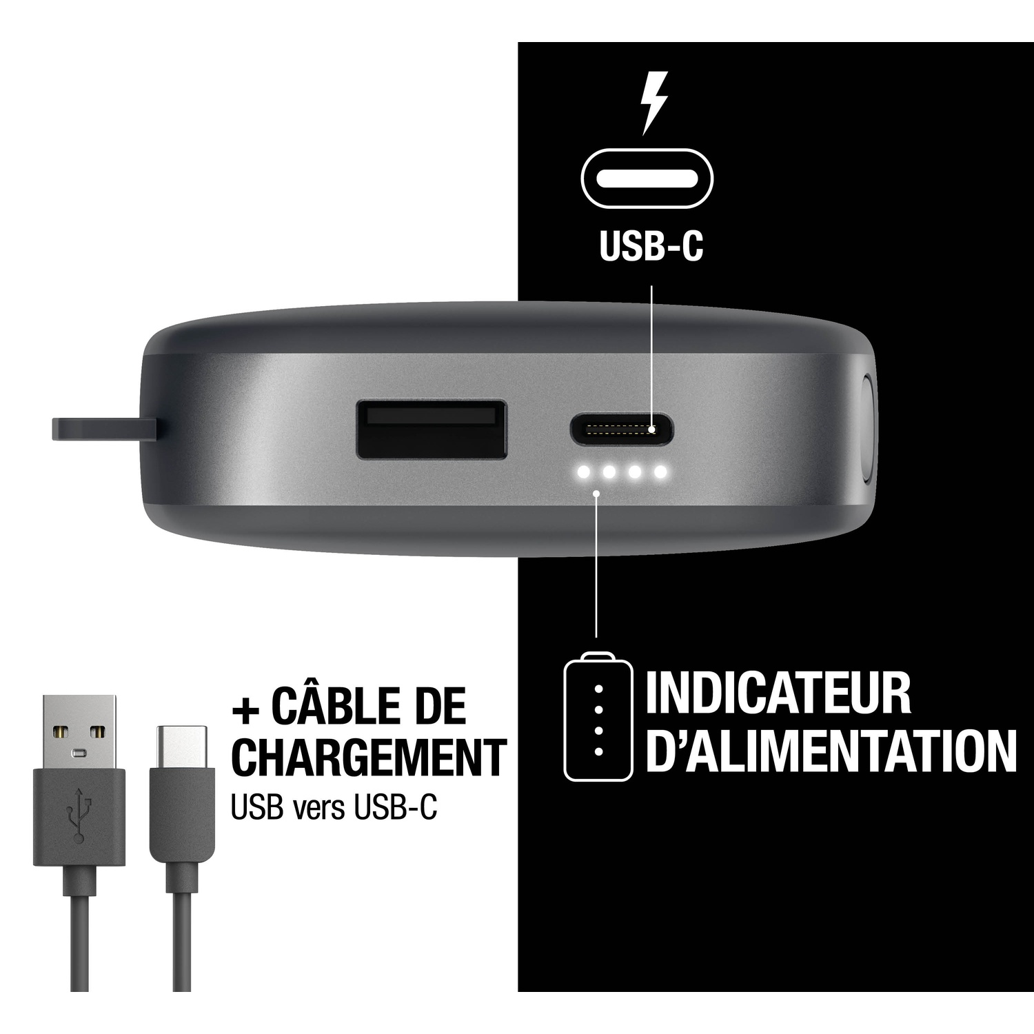 Batterie externe avec ports USB-A, USB-C, indicateurs et câble USB-A vers USB-C.
