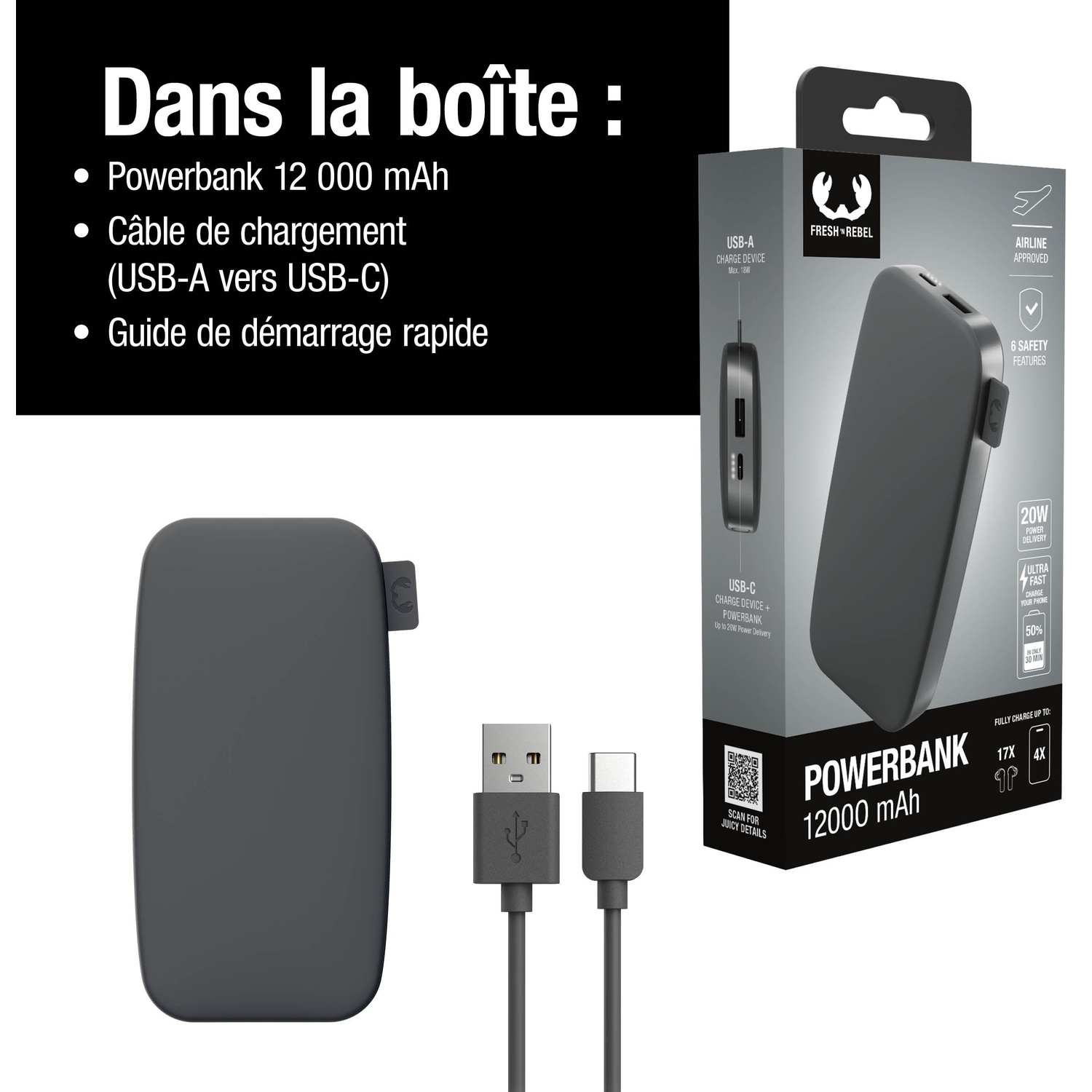 Batterie externe grise 12000 mAh avec câble de chargement et emballage.